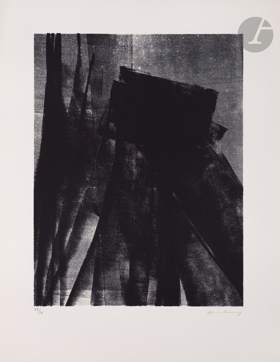 Hans Hartung (1904-1989)
L 1977-4. 1977. 
Photo-autographie sur zinc. 
Très belle épreuve sur vélin, numérotée et signée au crayon. Toutes marges. Tirage à 75 épreuves. Polígrafa éd., Barcelone. 
Deux petites traces d’ancien adhésif oxydées dans les angles supérieurs au verso. 
76,5 x 56,5 cm.

Bibliographie :
Mason 524.