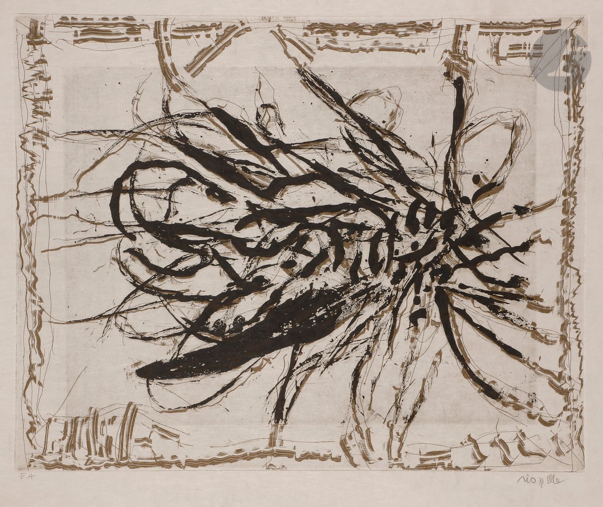 Jean-Paul Riopelle (canadien, 1923-2002)
Autres mouches n° 4. (Pl. d’une suite de 5). 1985.
Eau-forte et aquatinte en couleurs. 
Très belle épreuve sur japon nacré, justifiée « E.A. » et signée au crayon. Toutes marges non ébarbées. Tirage définitif à 75 épreuves. Galerie Lelong S.A. éd.
Rousseurs claires éparses. Infimes traces de plis aux bords du feuillet. 
51,5 x 68 cm.

Bibliographie :
Riopelle 1985.16.