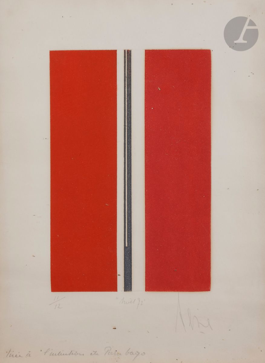 Luc Peire (belge, 1916-1994)
Noël 72. 1972. 
Aquatinte en couleurs. 
Belle épreuve sur vélin, numérotée, titrée et signée au crayon. Annotation en pied : « tirée à l’intention de Pierre Vago ». Toutes marges. Tirage à 12 épreuves. 
Légère trace d’oxydation aux bords du feuillet.
37,5 x 28 cm.
Sous verre. 

Provenance :
Pierre Vago (1910-2002), architecte, éditeur de la revue L’Architecture d’Aujourd’hui.