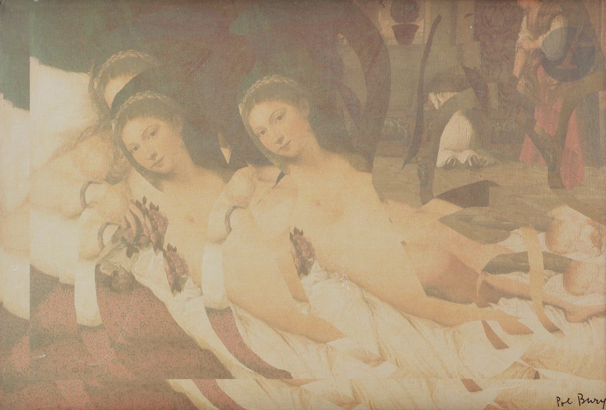 Pol Bury (belge, 1922-2005)
La Vénus d’Urbino, d’après Le Titien. Vers 2001. 
Monotype numérique marouflé sur toile. 
Signé au feutre en bas à droite. 
Petits arrachements du papier sur les bords (en pied au centre et en haut à gauche). 
19,5 x 26,8 cm. Cadre-boîte. 

Bibliographie :
Catalogue raisonné en ligne M079. 

Provenance :
Catherine Valognes et Pierre Descargues, Paris (vente Calmels-Cohen, Paris, 8 oct. 2005, n° 693).