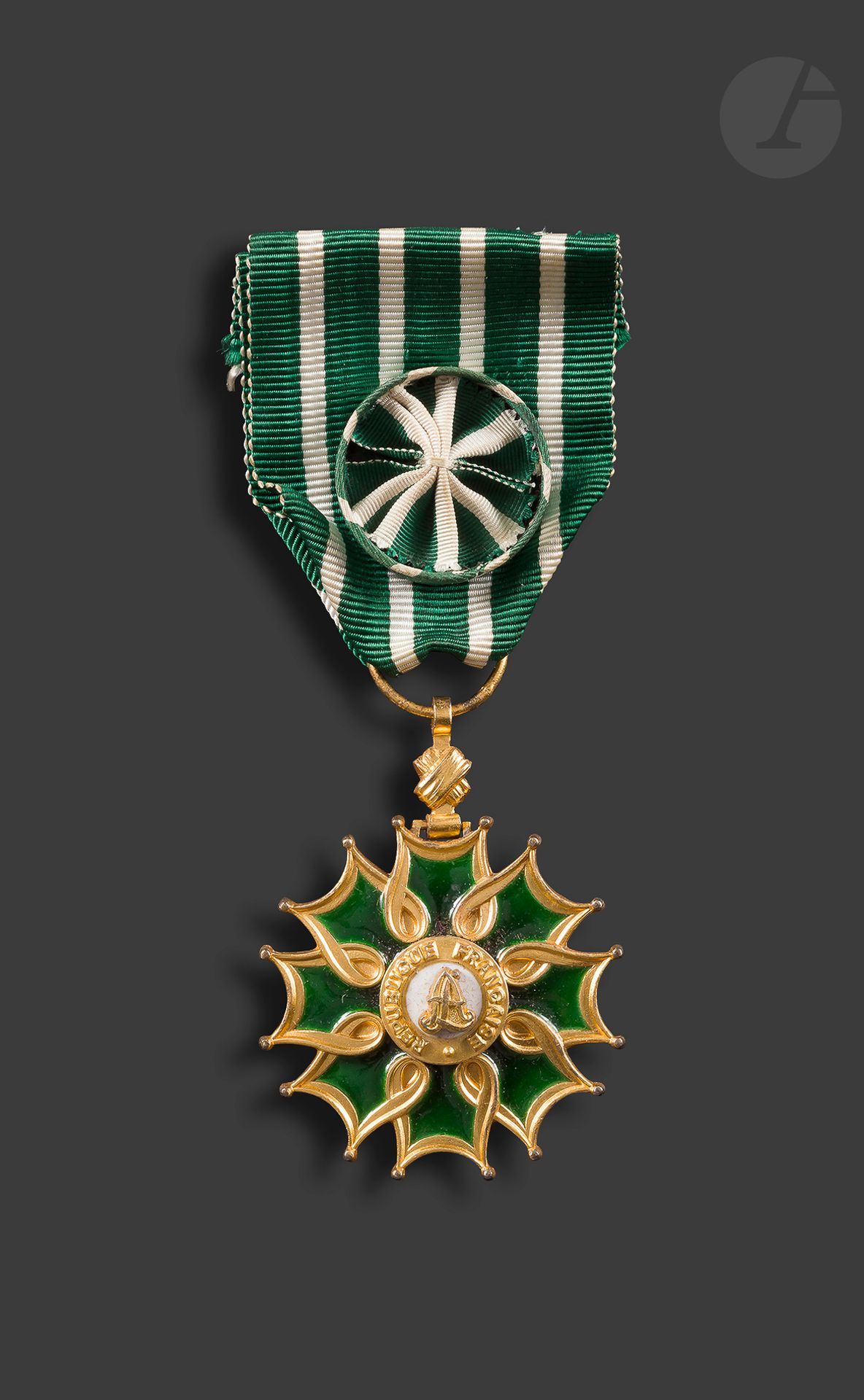 FRANCE 
ORDRE DES ARTS ET DES LETTRES 
Étoile d’officier en vermeil et émail. Ruban à rosette. Poinçon de la Monnaie de Paris. 
50 x 41 mm - Poids brut : 25 g
SUP.
