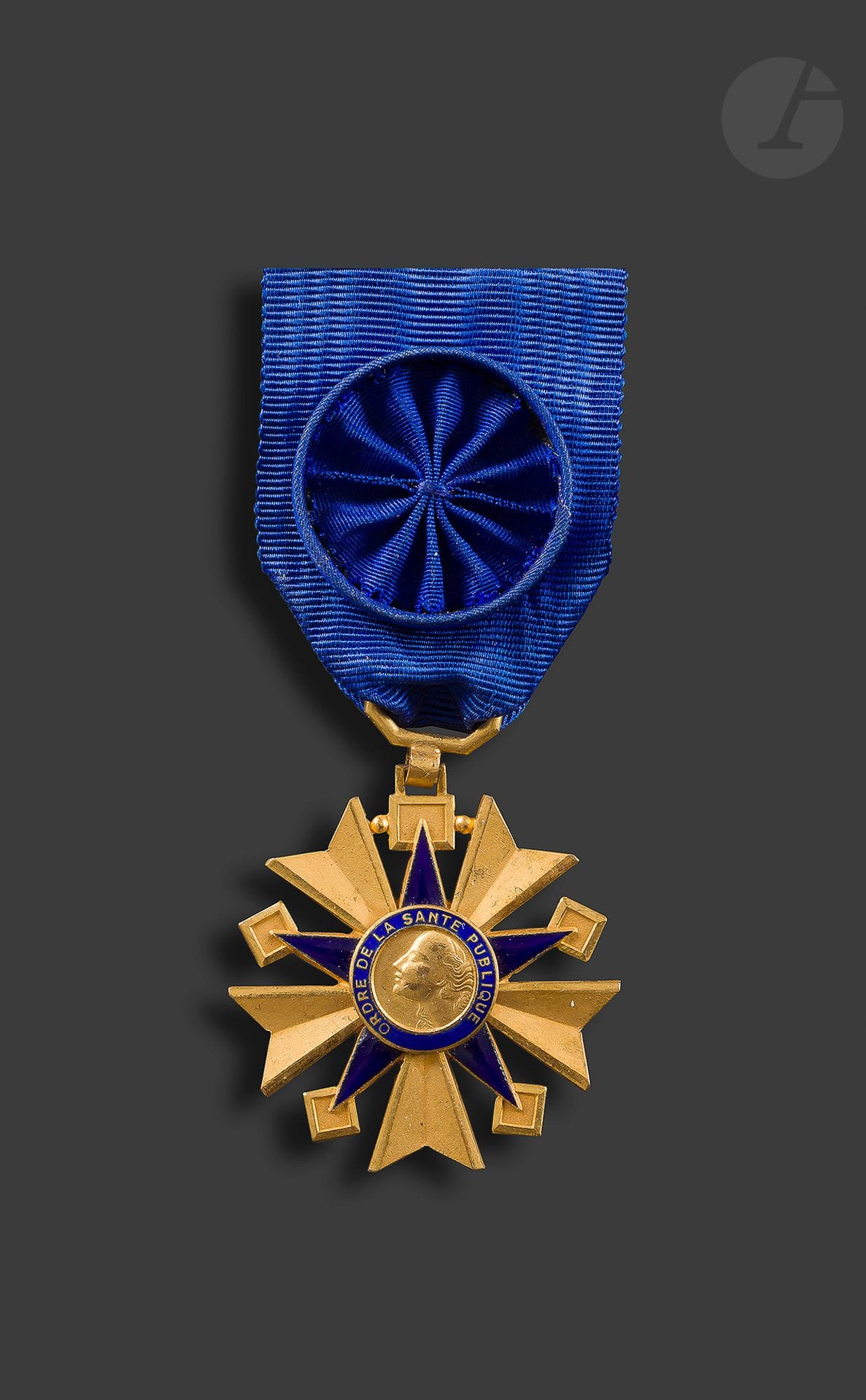 FRANCE 
ORDRE DU MÉRITE DE LA SANTÉ PUBLIQUE 
Trois décorations : 
- étoile d’officier en bronze doré et émail. Ruban à rosette. 
41 mm 
- étoile de chevalier en argent et émail (petits éclats). Ruban. Poinçon tête de sanglier. 
40 mm - Poids brut : 20 g
- étoile de chevalier en miniature, en argent et émail. Ruban. Poinçon sur l’anneau. 
14 mm - Poids brut : 2 g 
T.T.B. et SUP.