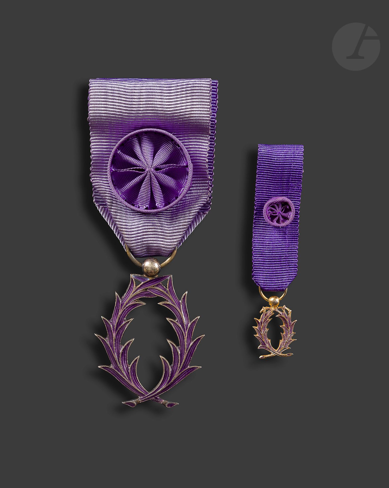 FRANCE 
ORDRE DES PALMES ACADÉMIQUES 
Insigne d’officier en vermeil et émail. Ruban à rosette. Poinçon tête de sanglier. 
41 x 29 mm - Poids brut : 12 g 
On y joint un insigne d’officier miniature en métal doré et émail. 15 x 10 mm. 
T.T.B. à SUP.
