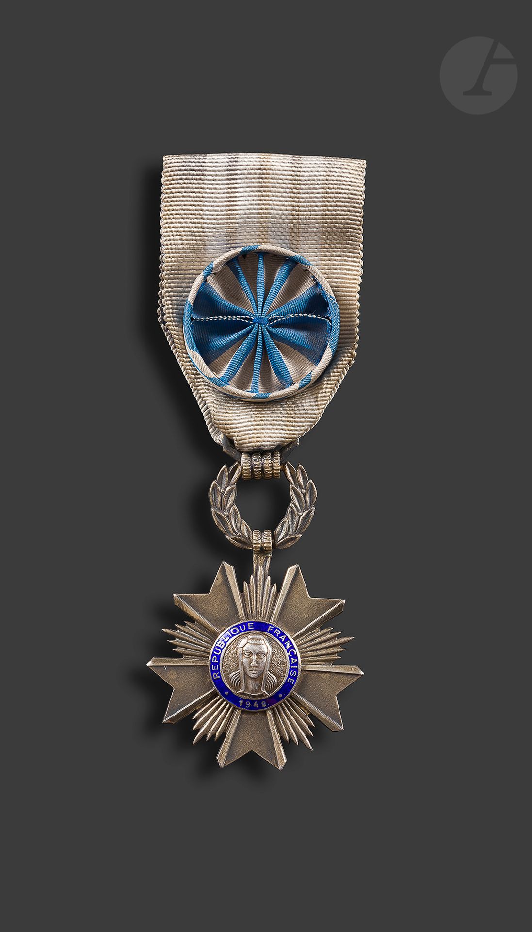 FRANCE 
ORDRE DU MÉRITE ARTISANAL 
Étoile d’officier. En vermeil (dorure passée) et émail. Ruban à rosette insolé. Poinçon tête de sanglier. 
60 x 40 mm - Poids brut : 22 g
T.T.B.