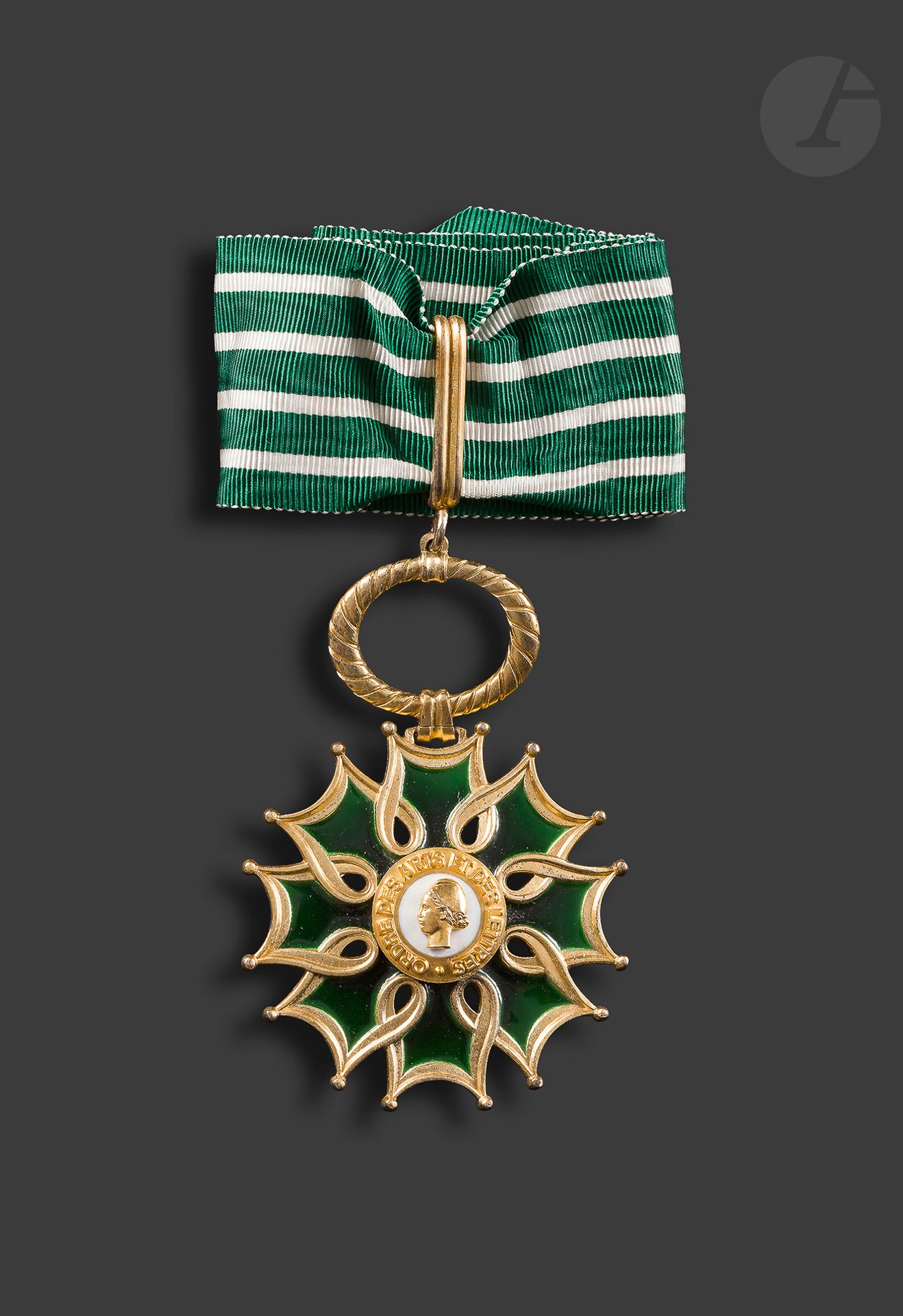 FRANCE 
ORDRE DES ARTS ET DES LETTRES 
Étoile de commandeur en vermeil et émail. Cravate. Poinçon de la Monnaie de Paris. 
82 x 58 mm - Poids brut : 70 g 
SUP.
