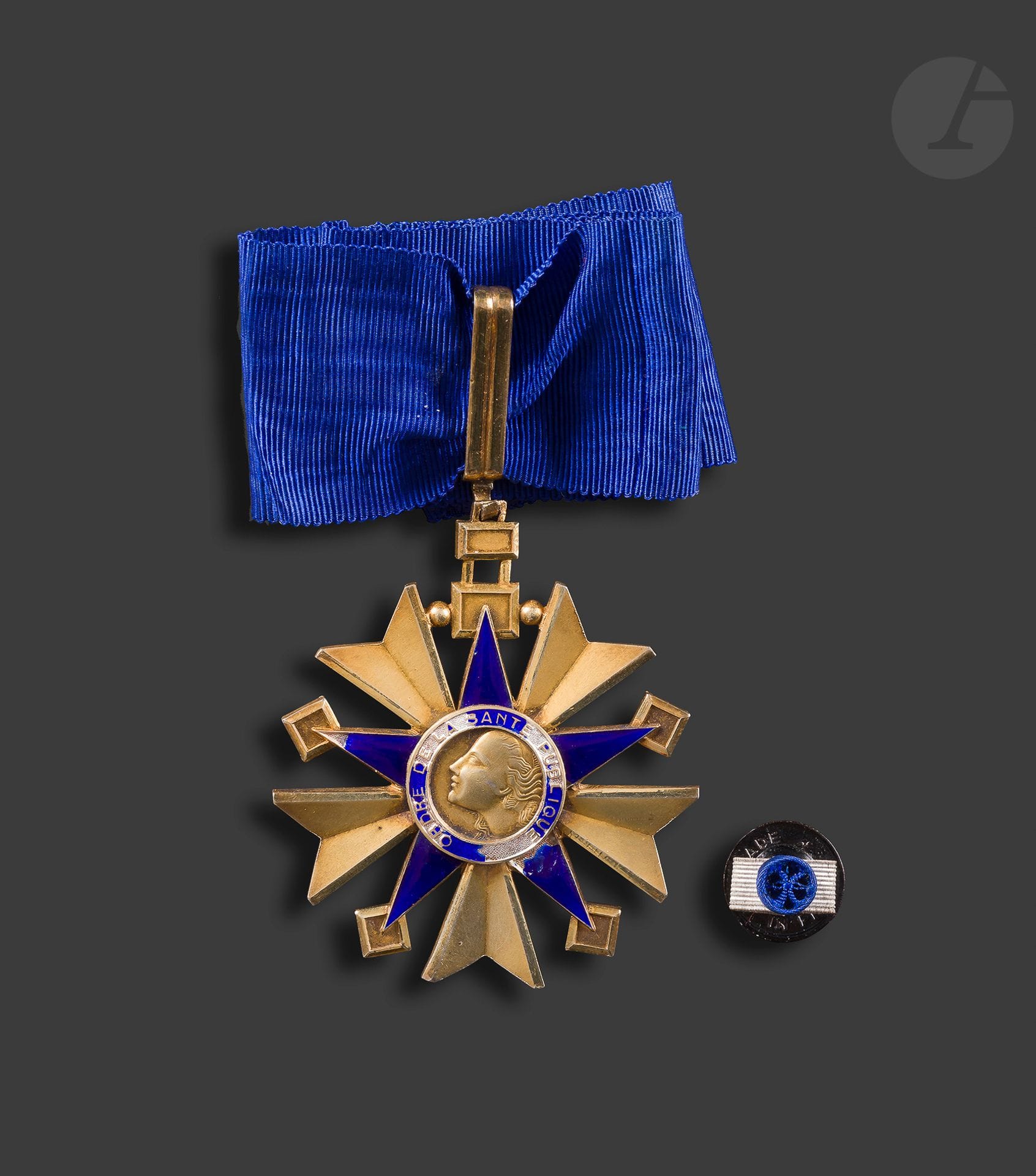 FRANCE 
ORDRE DU MÉRITE DE LA SANTÉ PUBLIQUE 
Étoile de commandeur. 
Vermeil et émail (éclats et manques à l’avers, anneau de bélière ouvert). Cravate. Poinçon tête de sanglier et d’orfèvre Arthus Bertrand. 
64 x 55 mm - Poids brut : 44 g 
Dans un écrin, avec boutonnière de commandeur. 
On y joint une longue cravate au modèle, fermant à crochets. 
B.