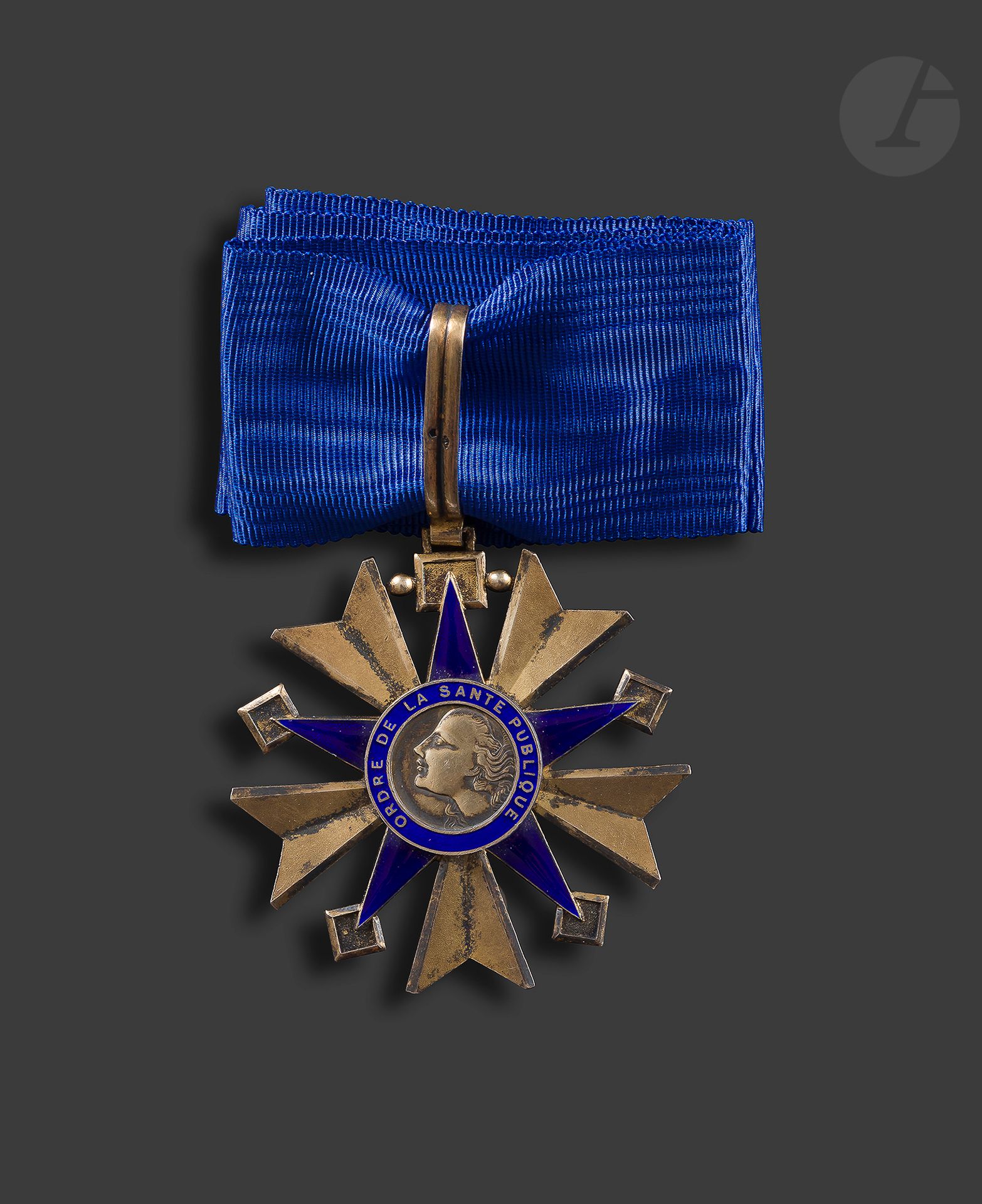 FRANCE 
ORDRE DU MÉRITE DE LA SANTE PUBLIQUE 
Étoile de commandeur. 
Vermeil et émail. Cravate. Poinçon tête de sanglier et d’orfèvre Chobillon. 
64 x 56 mm - Poids brut : 42 g
On y joint une cravate bleue ancienne. 
T.T.B. à SUP.