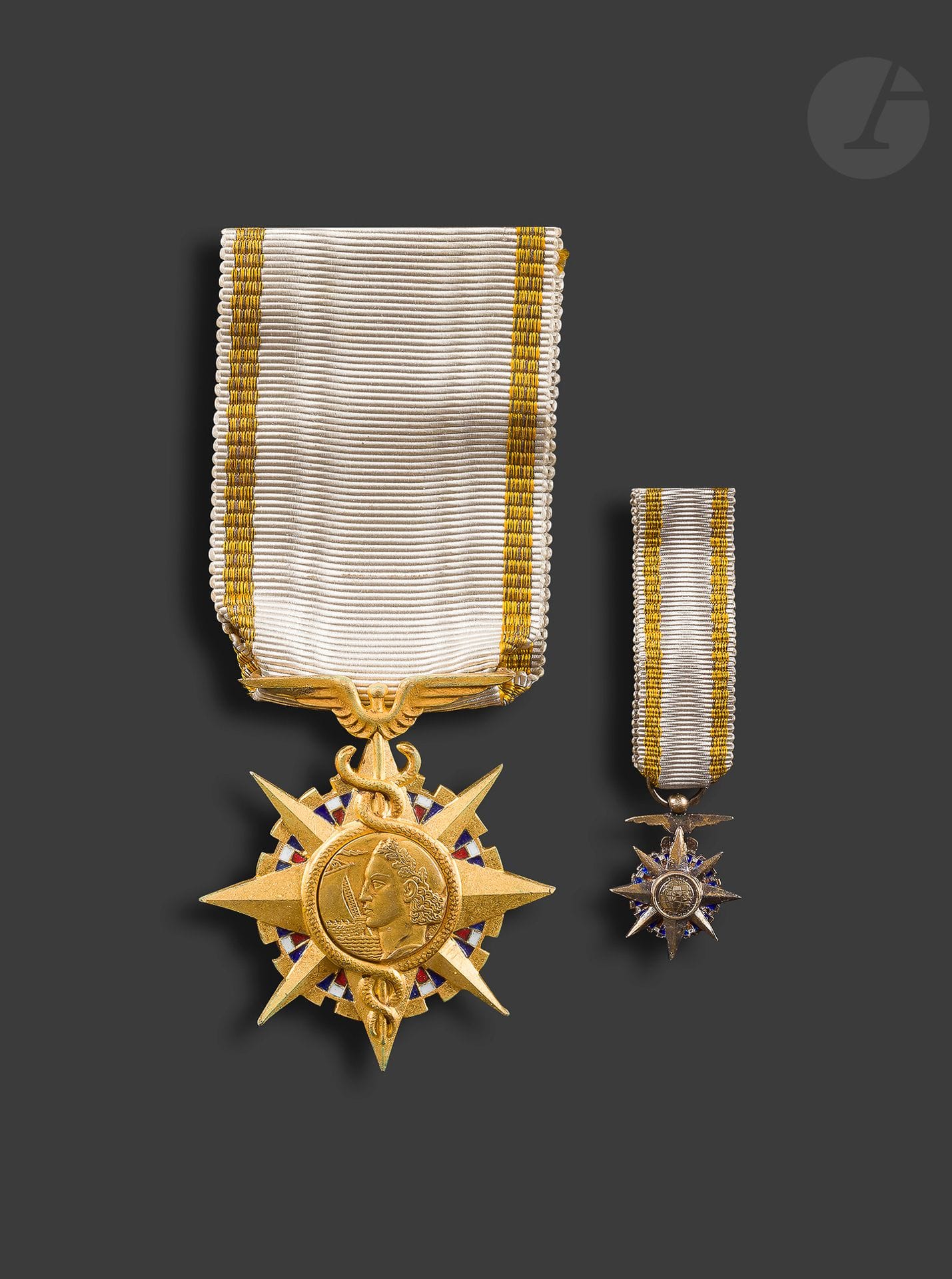 FRANCEORDRE
DU MÉRITE COMMERCIALÉtoile
de chevalier du 2e type (after 1961). 
In gilt bronze and enamel. Ribbon with gilded embroidered braids. 
45 x 40 mmA
miniature of a knight in vermeil and enamel (16 x 13 mm - 1.9 g) is attached
.
Ribbon. 
SUP.





