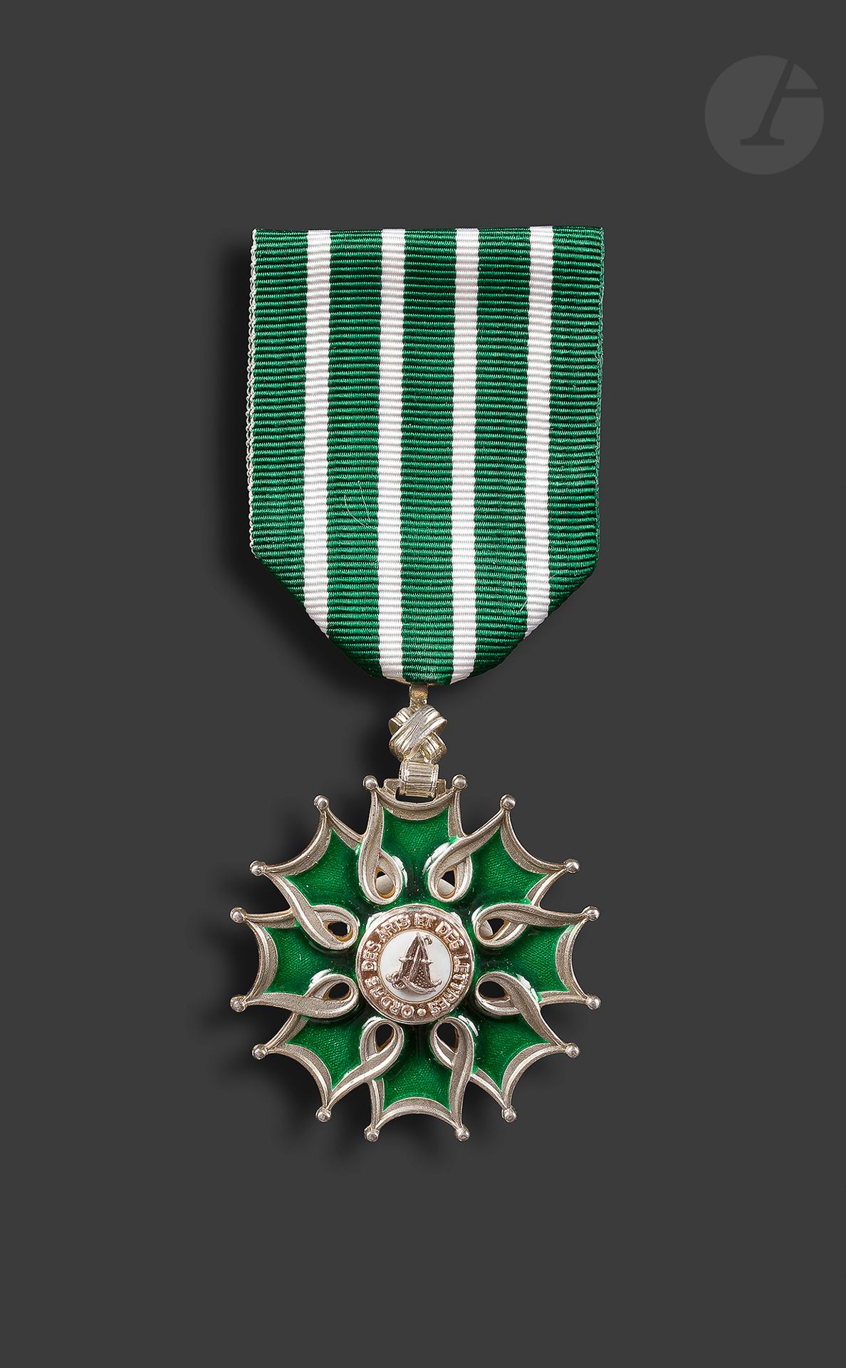 FRANCE 
ORDRE DES ARTS ET DES LETTRES 
Étoile de chevalier en argent et émail. Ruban. Poinçon de la Maison Arthus Bertrand. 
50 x 41 mm - Poids brut : 22 g 
SUP.