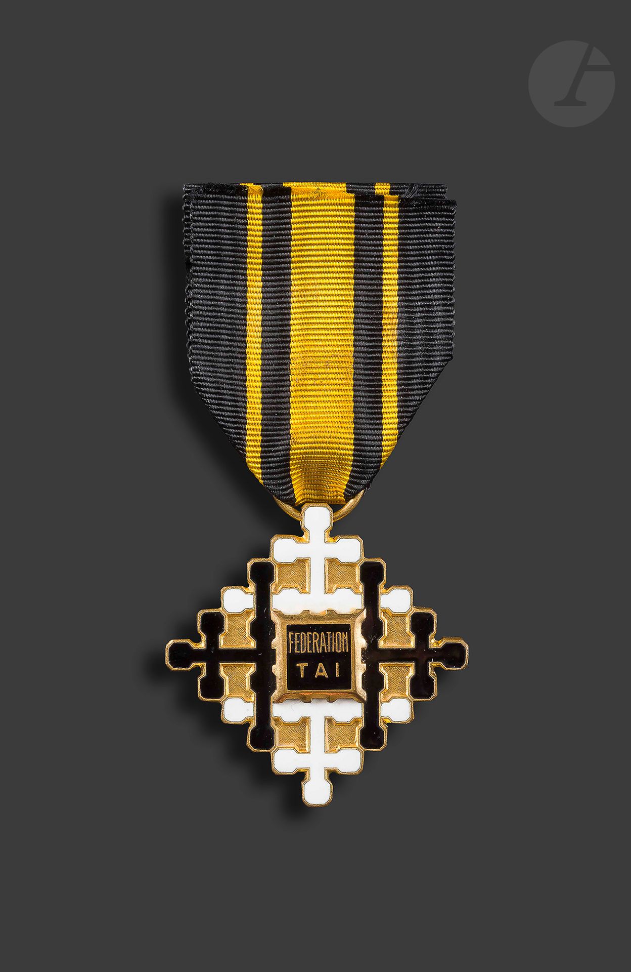 FÉDÉRATION TAI 
ORDRE DU MÉRITE CIVIL 
Chevalier en bronze doré et émail. Poinçon de l’orfèvre Artus Bertrand. Ruban. 
40 mm 
SUP.
