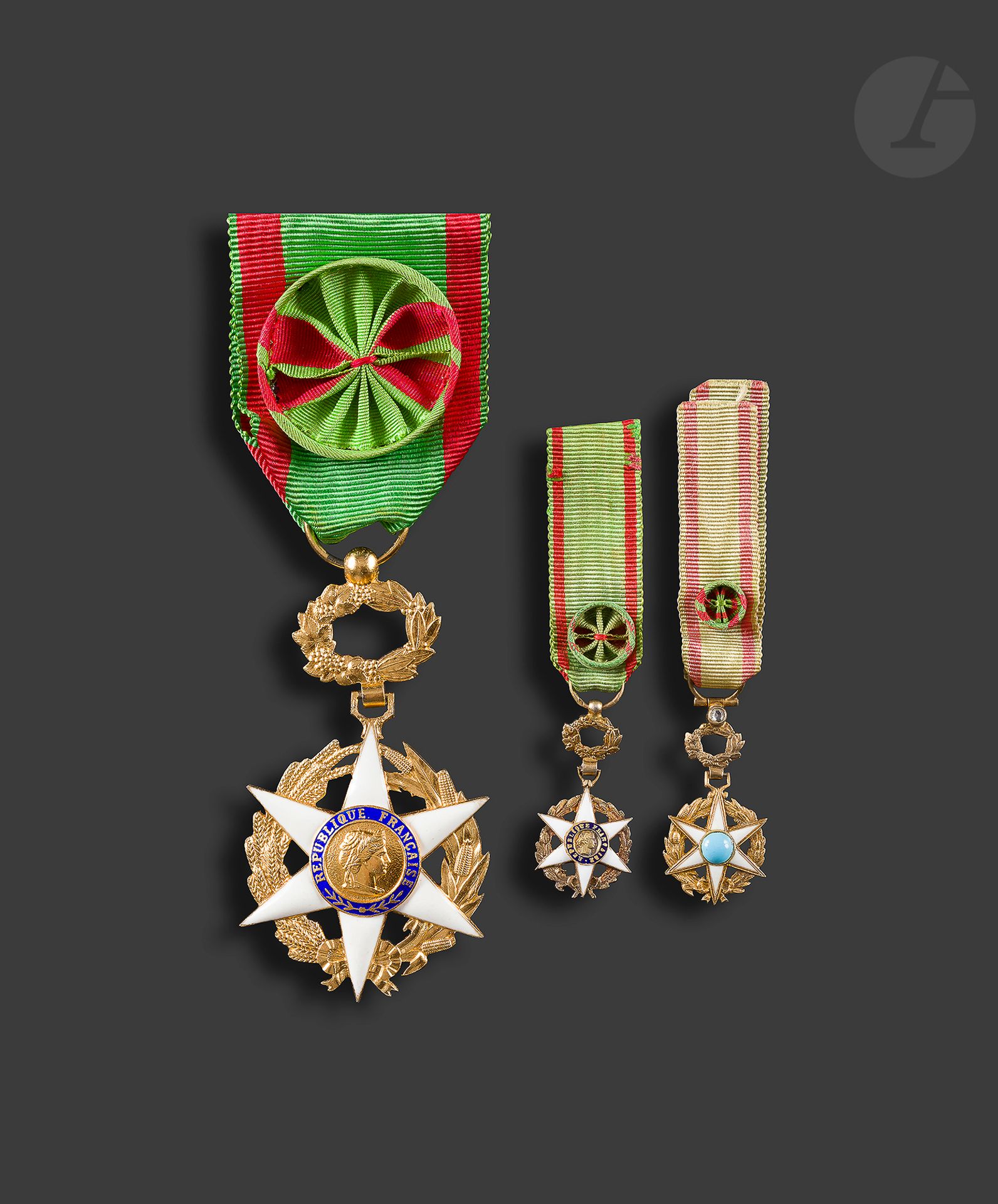 FRANCE 
ORDRE DU MÉRITE AGRICOLE 
Étoile d’officier en vermeil et émail. Ruban à rosette. Poinçon de la Monnaie de Paris. 
65 x 35 mm - Poids brut : 26 g
SUP. 
On y joint deux miniatures, une en vermeil à bélière ornée d’un brillant et avers du centre orné d’une pierre bleue et une en vermeil et émail. Poinçons tête de sanglier. 
Poids brut : 6,7 g 
T.T.B.
