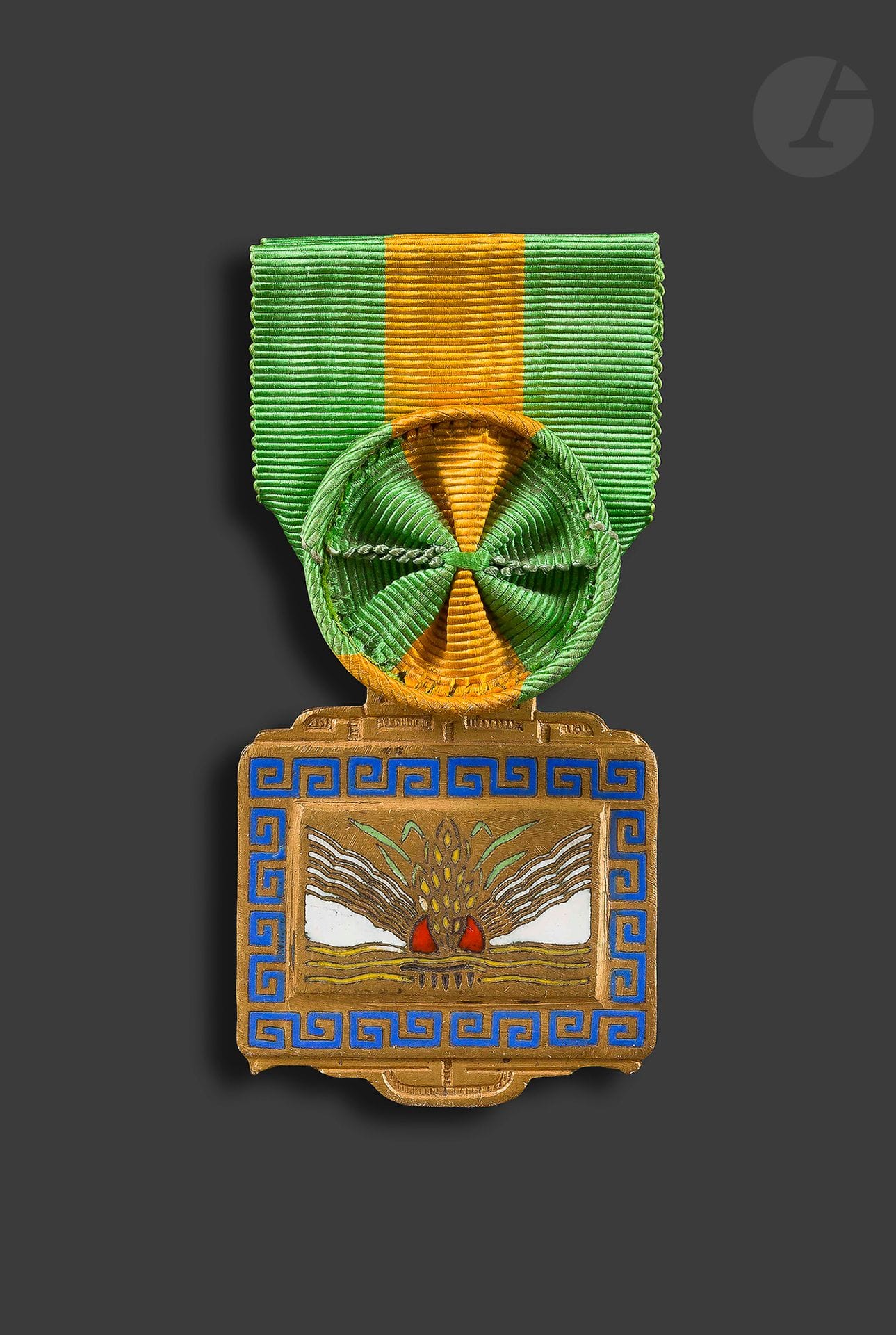 ANNAM 
ORDRE DU MÉRITE AGRICOLE 
Insigne d’officier en bronze doré et émail. Ruban à rosette. 
46 x 38 mm
T.T.B. à SUP.
