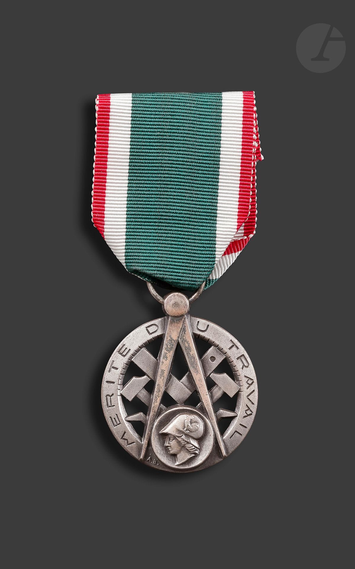 FRANCE 
ORDRE DU MÉRITE DU TRAVAIL 
Insigne de chevalier en bronze argenté et émail. Ruban. Anneau poinçonné. Fabrication Arthus Bertrand. 
41 x 36 mm
T.T.B.
