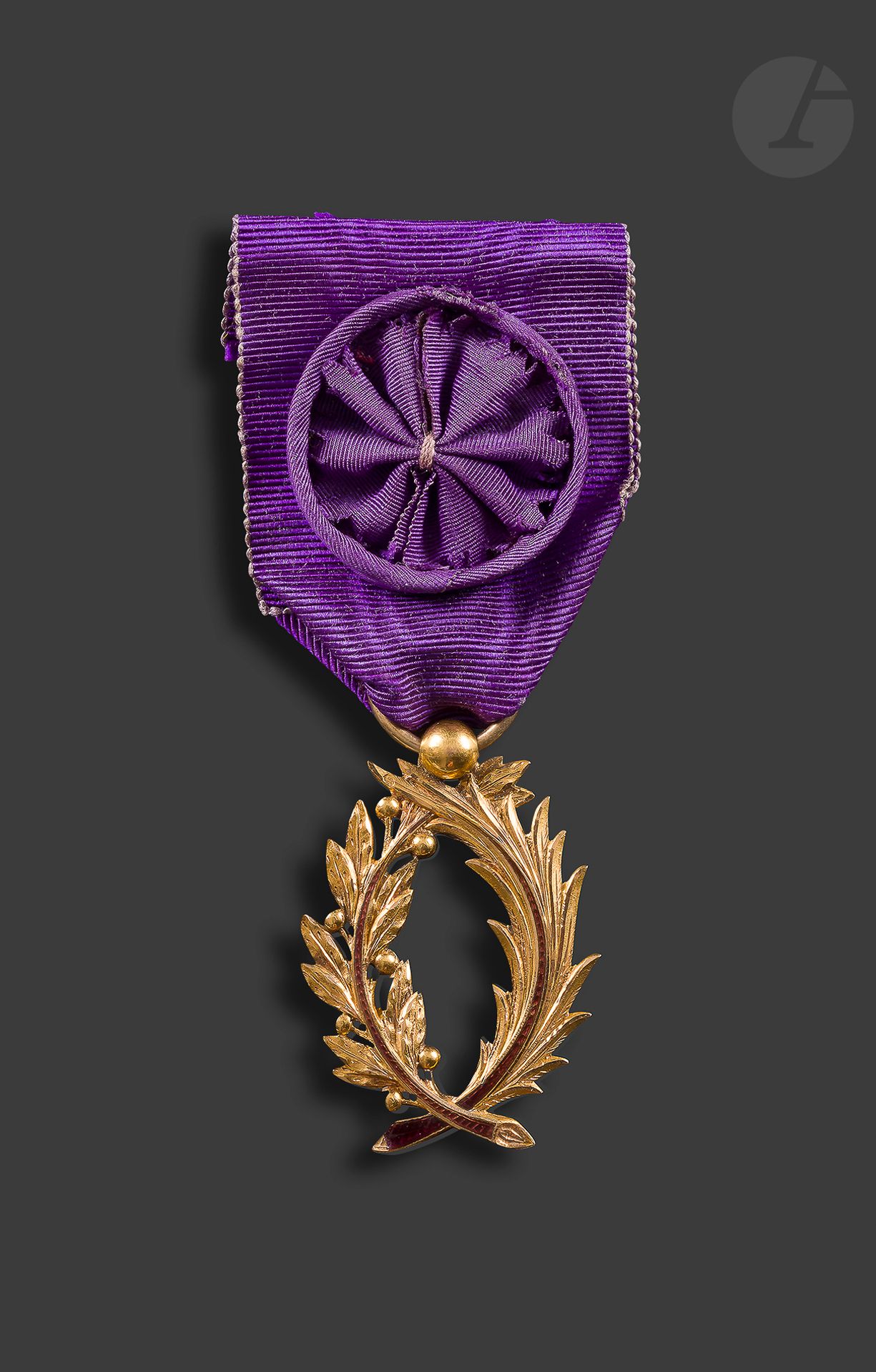 FRANCE 
ORDRE DES PALMES ACADÉMIQUES 
Palmes d’officier de l’Instruction publique (après 1866) en or ciselé, émail (un éclat). Ruban à rosette. Poinçon tête d’aigle. 
41 x 28 mm - Poids brut : 12 g
T.T.B.