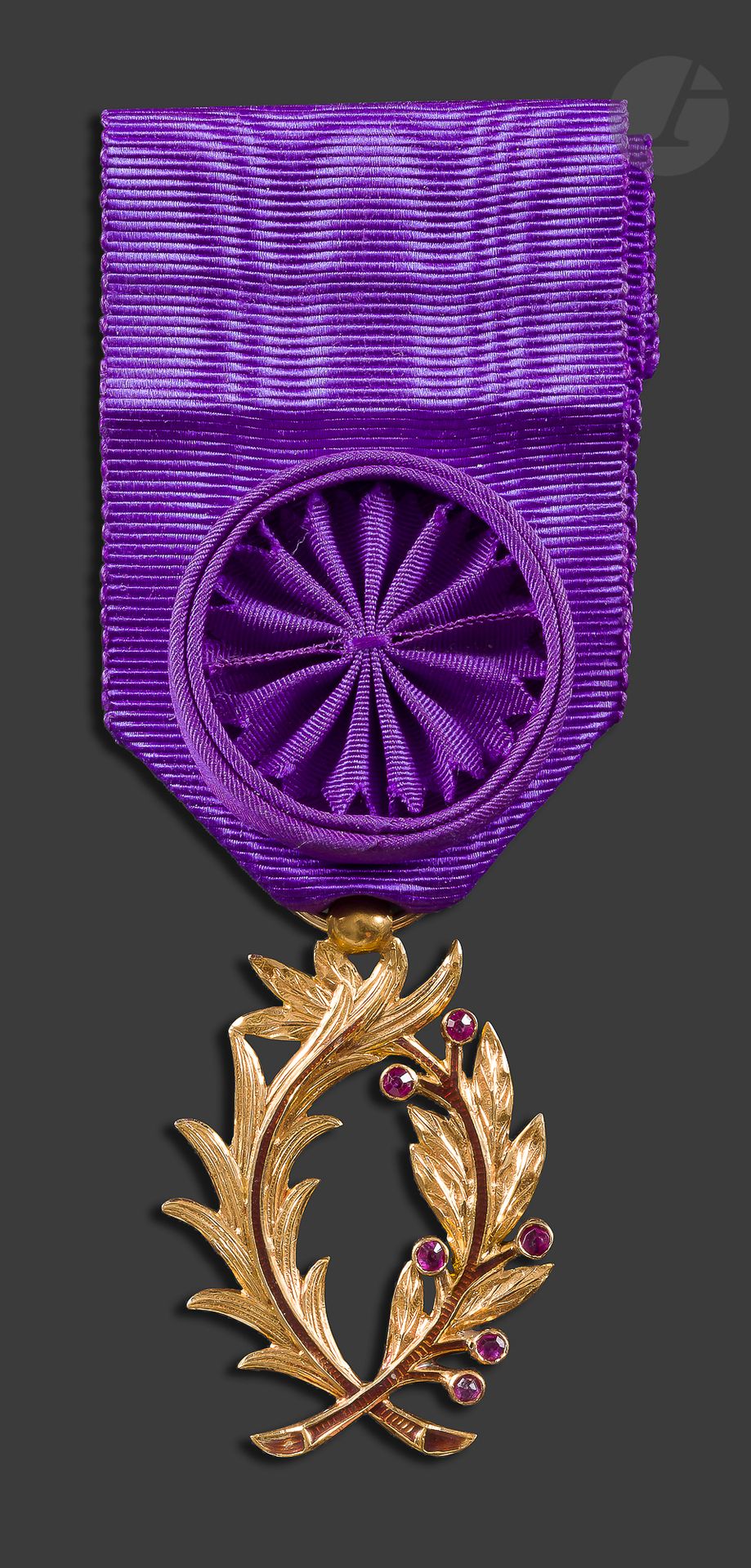FRANCE 
ORDRE DES PALMES ACADÉMIQUES 
Palmes d’officier de l’Instruction publique (après 1866) en or ciselé, émail (éclats) et grenats taillés à facettes. Ruban à rosette. Poinçon tête d’aigle. 
40 x 28 mm - Poids brut : 10 g
Dans son écrin marqué à l’or « MINISTÈRE DE L’INSTRUCTION PUBLIQUE », gainé de velours bleu nuit de la Maison Kretly.
T.T.B.
