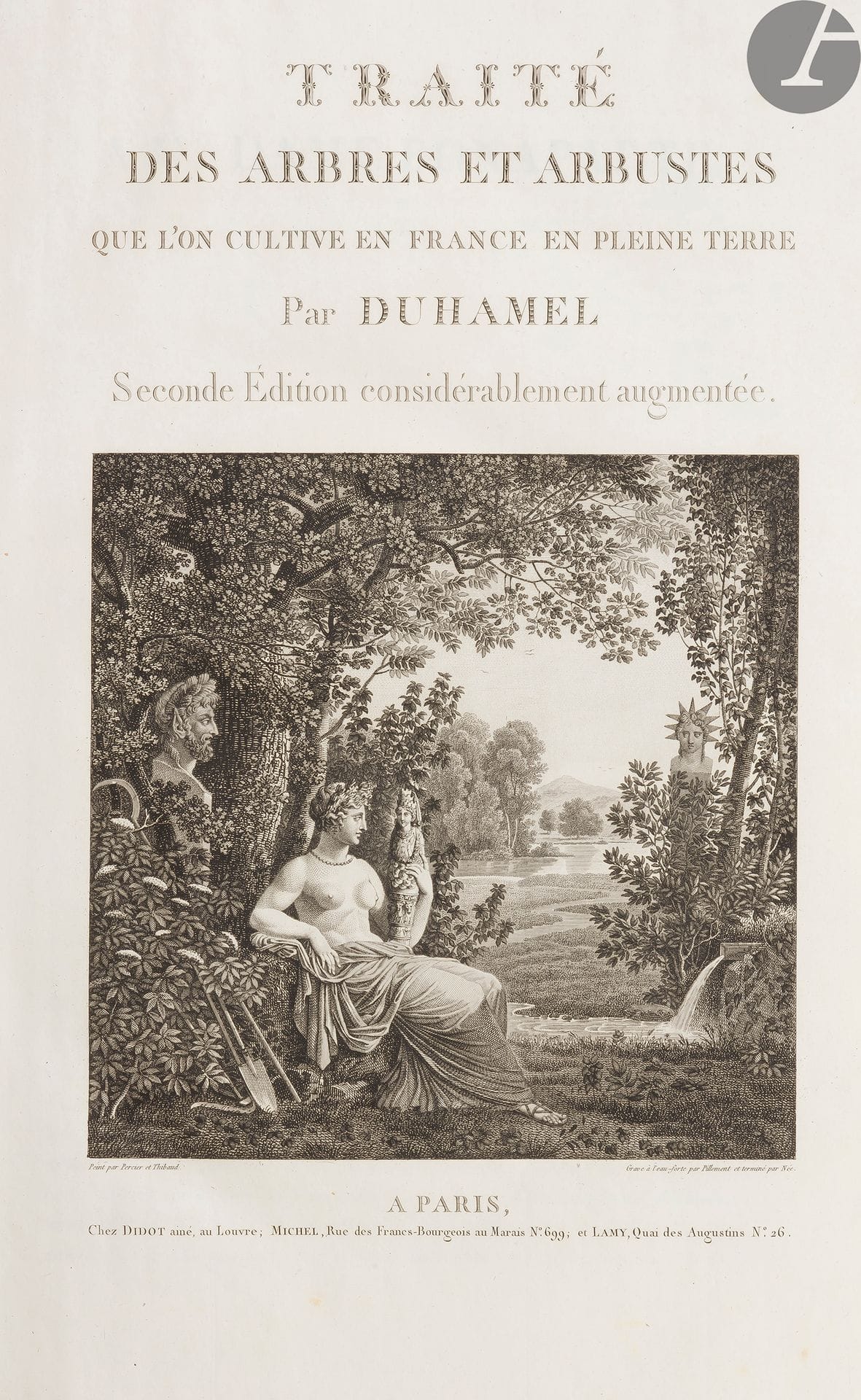 DUHAMEL DU MONCEAU (Henri Louis).
Traité des arbres et arbustes que l’on cultive en France en pleine terre. Seconde Édition considérablement augmentée.
Paris : Didot aîné, Michel, Lamy, [1800-1806]. — 3 volumes in-folio, 397 x 254 : titre-frontispice, (2 ff.), 4, 80 pp. pp. 77bis-80bis, pp. 77ter-78ter, pp. (81)-264, iv pp., 57 planches (sur 60) ; 244 pp., v pp., 71 planches (sur 72) ; 164 pp. (sur 234), 38 planches (sur 60). Demi-basane bleue foncée, dos lisse orné (reliure vers 1830).

Nissen, BBI, n° 549.

Nouvelle édition dédiée à Madame Bonaparte, publiée par Charles François Brisseau de Mirbel (1776-1854) et considérablement augmentée par ce dernier, Jean Henri Jaume Saint-Hilaire (1772-1845), l’abbé Jean Louis Marie Poiret (1755-1834) et Veillard. La publication entière parut en livraisons entre 1800 et 1812, formant au total 7 volumes. Elle se caractérise par sa riche illustration composée de plusieurs dizaines de planches gravées d’après les dessins du peintre, dessinateur et lithographe Pierre-Joseph REDOUTÉ (1759-1840).

Cet exemplaire n’est composé que des deux premiers volumes et d’une partie du troisième. Le premier volume comprend un titre-frontispice gravé par Pillement et Née d’après Percier et Thibaud, et 57 planches sur 60. Il manque les planches 12, 31 et 32. Le second volume comprend 71 des 72 planches requises. Il manque la planche 68 ainsi que le faux titre et le titre. Le volume suivant est incomplet des pages 165 à 234 et ne comprend que 38 planches. Il manque également le faux titre et le titre, ainsi que les planches 27bis, 28, 31 et 32.

Exemplaire sur grand papier, avec les planches en couleurs. Il provient de la bibliothèque du Marquis de Kerwarts, dont la signature figure en haut des premiers feuillets de texte.

Quelques frottements d’usage aux dos, épidermures à la coiffe de tête du troisième volume. Les deux feuillets des cahiers 37 et 39 dans le premier volume sont imprimés sur un papier fin légèrement bleuté, sans doute provenant du tirage ordinaire. Quelques rousseurs éparses.