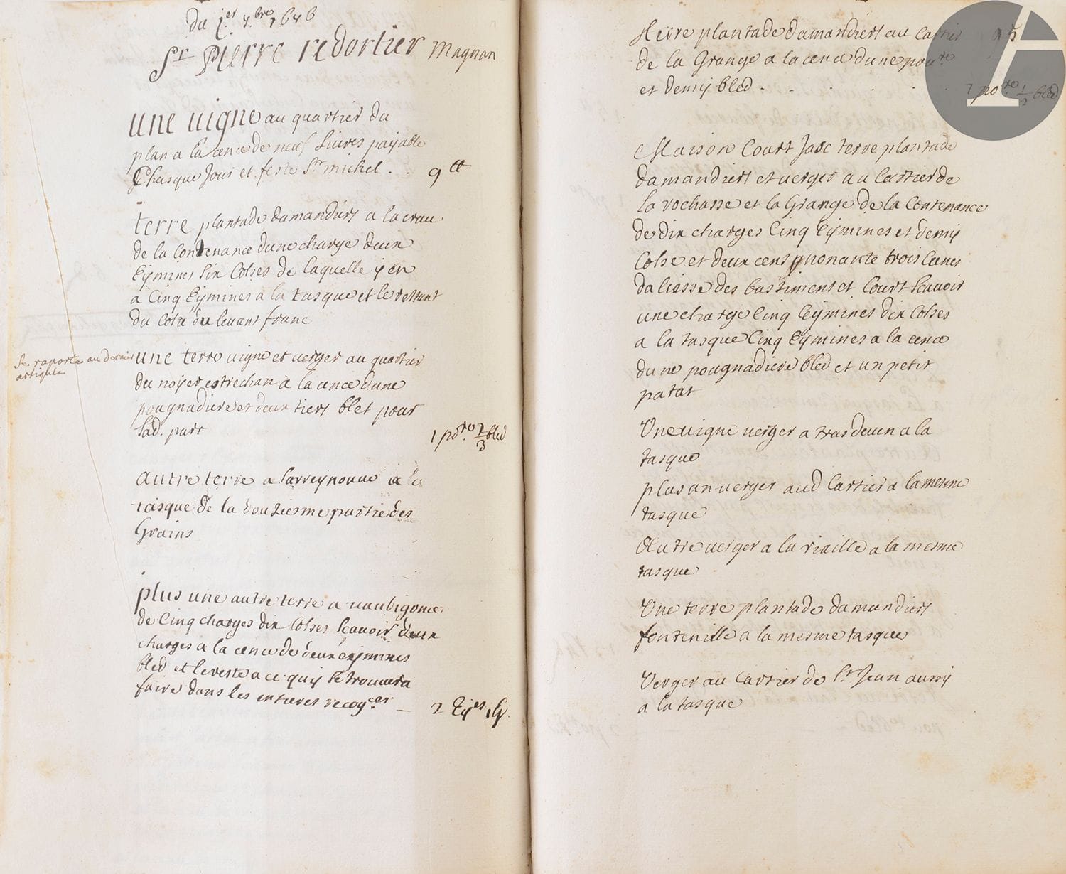 [VAUCLUSE]. [LAURIS]. [MESSEGUIÈRES]. [MALAUCÈNE]. [LOURMARIN] et autres lieux. 
Livre de comptes et reconnaissances seigneuriales dues à M. Bressier.
En français, manuscrit sur papier.
France, XVIIe siècle, rajouts XVIIIe s. 

[42] ff. -119 ff. + [45] ff.- 143 ff.+ 33 ff. Nombreux feuillets volants, pièces rajoutées non foliotées. Registre couvert de parchemin, inscriptions sur les plats, taches et pertes de parchemin. Dimensions : 300 x 210 mm. 

