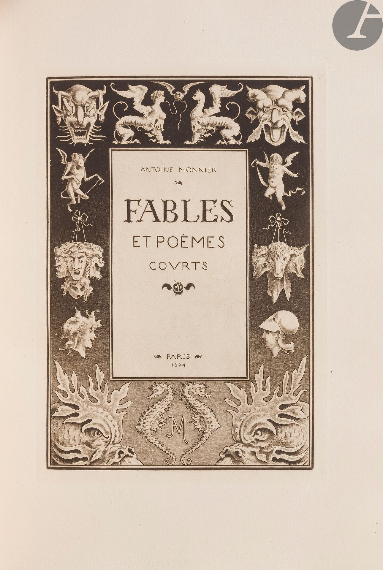 MONNIER (Antoine).
Fables and short poems.
Paris : [from the author], 1894. - In-4, 303 x 201 : (106 ff.), illustrated cover. Red half-maroquin with corners, gilt fillets, smooth spine nicely decorated, gilt head, untrimmed, cover and spine preserved (Pouillet).

First edition of this remarkable work comprising 56 fables, 24 short poems, a long poem entitled Les Chats à travers les âges and a symbolic essay on the abstract work of the seven days.

This collection was entirely composed and illustrated by the poet and engraver Antoine Monnier. It contains 106 etched leaves, text and illustration, "an interesting example of the art of the book, mixing [...] the comical, the macabre and the esoteric" (P. Berès, catalogue 92, n° 838).

Published on a self-publishing basis, the print run announced on the publication prospectus bound at the head of the copy was 500 copies, but this number seems exaggerated given the few known copies. Only 3 are mentioned in the Worldcat, of which only one in France.

This one would be one of the 400 numbered copies on Arches laid paper; it bears the number 10.

Very nice binding signed by Pouillet, decorated on the spine with motifs evoking the subjects treated by the author in the work, namely a satyr's head, a cat, a bird, a dog, torches, a mask and a lyre

.



A very well preserved copy. The first cover is disbound and there is some light spotting on a few plates.
Provenance: listed in the catalogue 92 Stendhal, Baudelaire, and their emulators of the Pierre Berès bookshop, under number 838.














