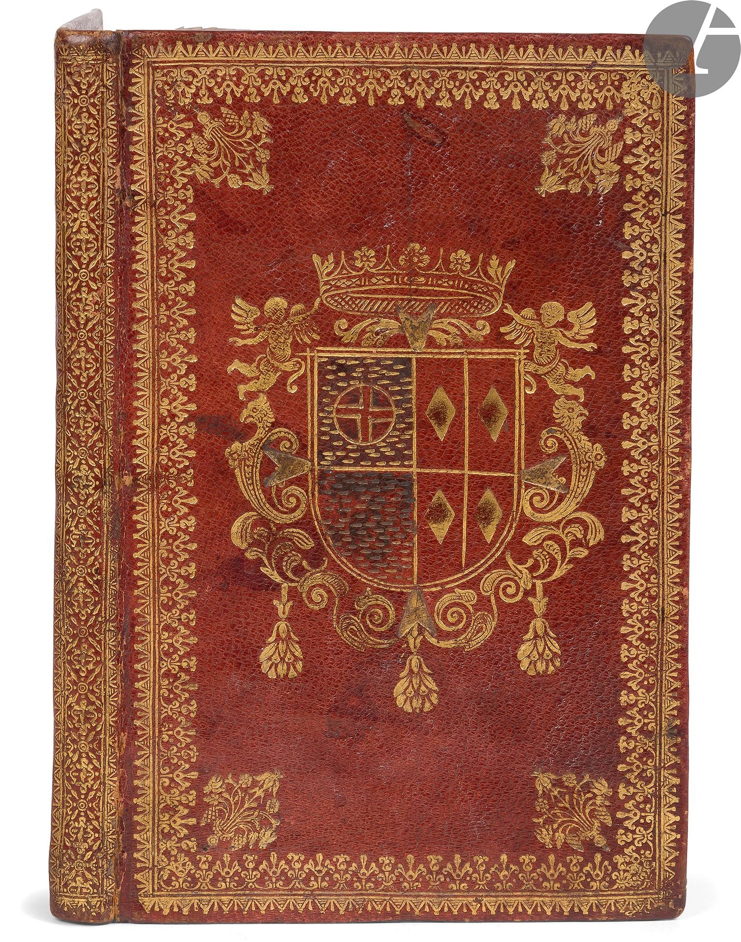FORTIA (Étienne de).
Le Portraict de Saint Francois de Sales. Presentè à son Eminence le cardinal Rospigliosi.
Rome : Philippe Marie Mancini, 1669. — Petit in-8, 151 x 198 : 96 pp. Maroquin rouge, dentelle droite dorée en encadrement, fleuron doré aux angles et armes dorées au centre sur les plats, dos lisse richement orné, tranches dorées (Atelier Andreoli).

Édition originale de cette vie de Saint François de Sales dédiée au cardinal Giacomo Rospigliosi (1628-1684). Il s’agirait de l’un des tout premiers livres imprimés à Rome en français.

Précieux exemplaire dans une reliure romaine de l’époque sortant de l’atelier de Gregorio Andreoli, nommé à la Bibliothèque vaticane à partir de 1654.

Son caractère précieux s’explique également par sa provenance puisqu’il s’agit de celui qui fut offert à Maria Maddalena Rospigliosi (1645-1695), dont les armes ont été apposées sur les plats. Elle était la nièce du pape Clément IX et la sœur du cardinal Giacomo Rospigliosi, dédicataire du présent ouvrage. Un très beau portrait d’elle, peint par Carlo Maratti, se trouve aujourd’hui au Musée du Louvre. Les livres de cette provenance sont d’une extrême rareté.

Exemplaire bien conservé malgré quelques minimes frottements d’usage. Les armes ont été en partie peintes en noir postérieurement.

Provenance : Maria Maddalena Rospigliosi, avec ses armes sur les plats. - Henry S. Richardson, avec ex-libris.