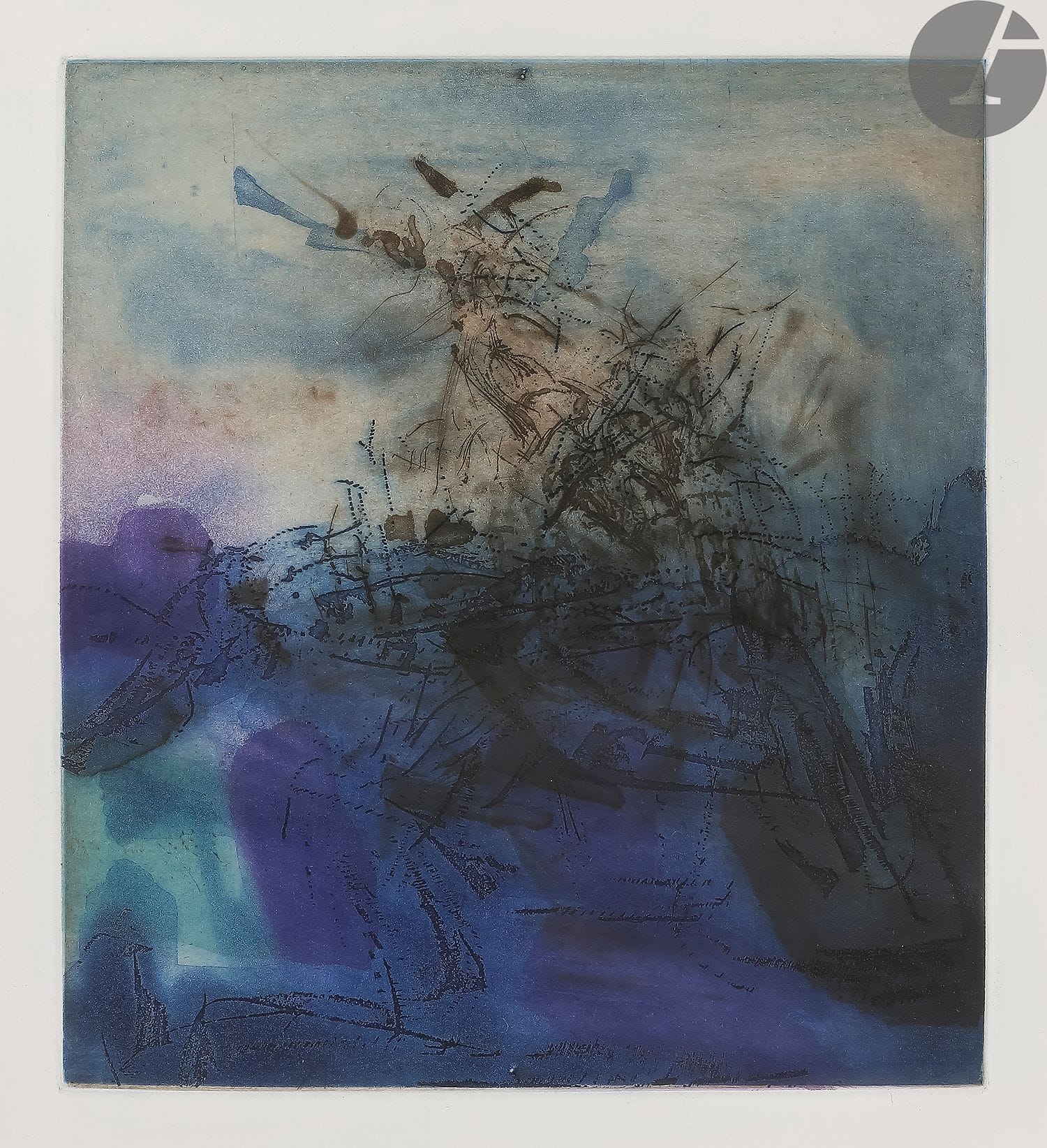[WOU-KI (Zao)] - LESCURE (Jean).
L’Étang.
S.l. : Galanis, [1971]. — In-folio, 380 x 285 : 42 pp., (5 ff. 2 derniers blancs), couverture imprimée. En feuilles, couverture rempliée, chemise et étui de l’éditeur.

Édition originale de ce poème de Jean Lescure, illustrée de 8 eaux-fortes originales de Zao WOU-KI (1920-2013), dont un en-tête, un cul-de-lampe et 6 compositions à pleine page.

Tirage à 133 exemplaires signés par l’auteur et l’artiste à la justification. Un des 114 sur papier d’Auvergne et plus spécialement l’un des 80 sur ce papier, numérotés de 40 à 119. 

Exemplaire parfaitement conservé malgré un léger coup au bord de l’étui.