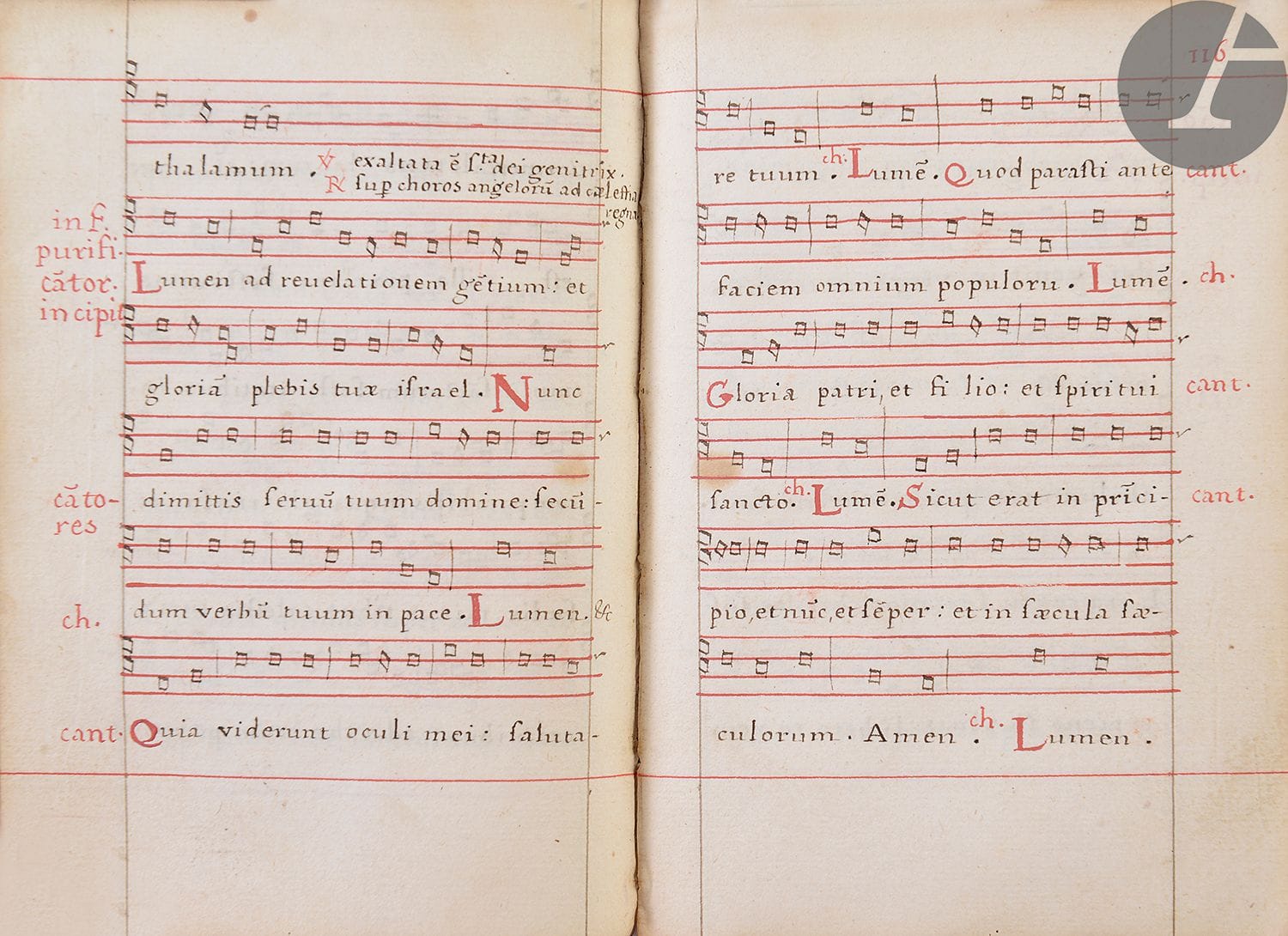 [BRITAIN]. [NANTES]. [CARMES]. [MUSIC]. Cantor's book [to the title, added: A Kereanet. Ad usum fratris [Servitii (?) (word crossed out) - Susane a Sta Anna] ad maiorem dei gloriam virginisque mariae] 
In Latin and French, manuscript on paper. 
France, Nantes, dated 1664.
134 ff [+ [5] ff. index and notes, fol. 49 missing, manuscript on paper, Roman script, music notated on 4-line staves drawn in red ink, red painted initials, rubrics in red, index of hymns at end of volume
.
Bound in black morocco, spine with four raised bands, cold-stamped decoration in the Duseuil style on the boards (flaws in the binding, small leather tears, epidermis; wax drops on ff. 58v-66). Dimensions: 95 x 140 mm.

The following saints honoured by the Carmelites and Carmelites are noted: De sancto Eliseo (fol. 129); De sancto Elia (fol. 130); De sancto Alberto (fol. 130). At the end of the index there is a heading giving the date and place of copying: "L. faciebat et fecit Nannetis 1664". Added by the same hand that copies the added title, are notes and exercises: "Methode tres facile pour apprendre le plein chant" (ff. 133-134v).




