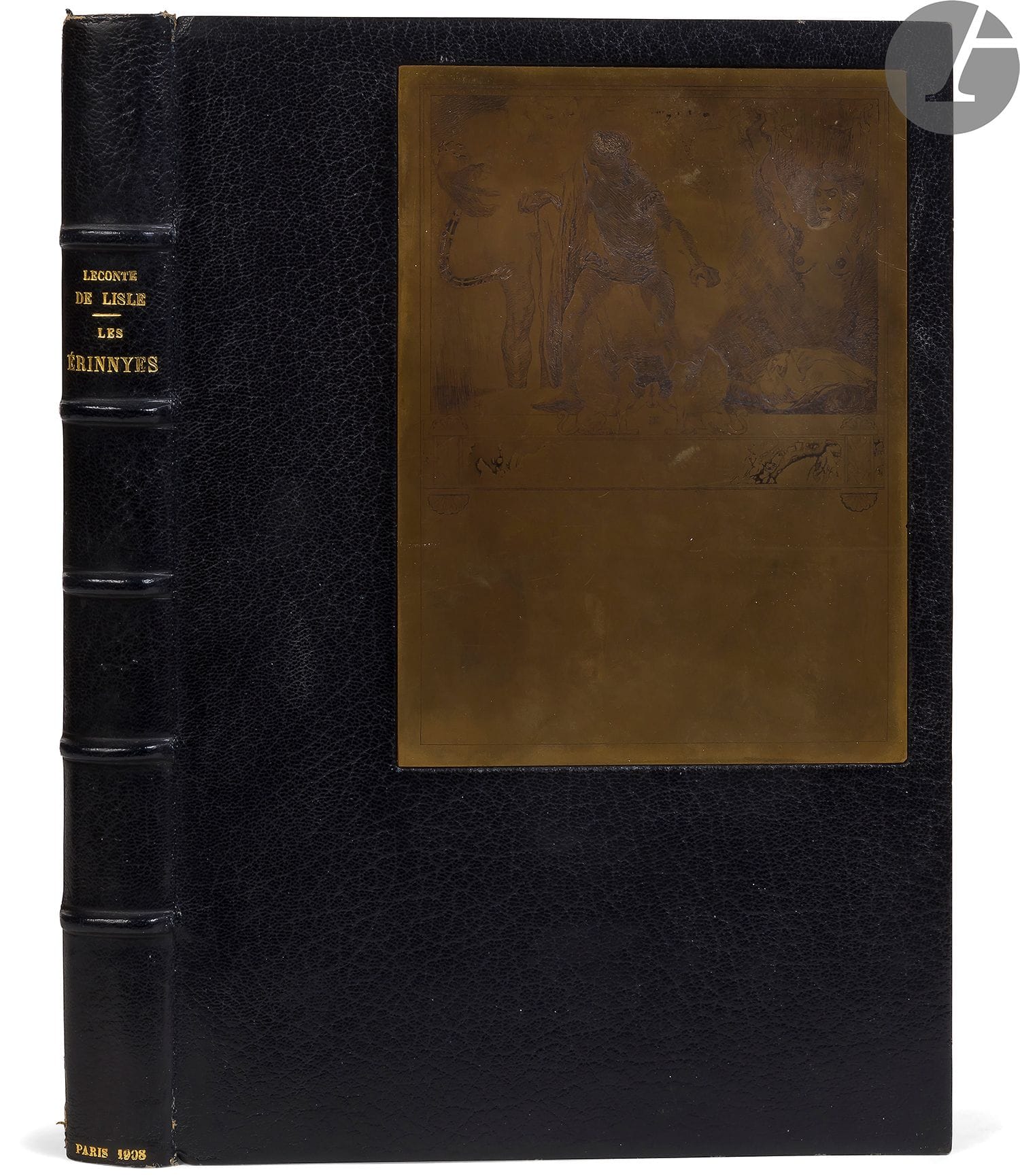 KUPKA (François) - LECONTE DE LISLE (Charles-Marie).
Les Érinnyes. Tragédie antique.
Paris : Librairie de la collection des dix, A. Romagnol, 1908. — In-8, 280 x 190 : 89 pp., (1 f. blanc), 3 planches, couverture illustrée. Maroquin noir, plaque de cuivre gravée incrustée dans le premier plat, dos à nerfs, doublures de maroquin bordeaux bordé d’un double filet doré, gardes de soie bordeaux, doubles gardes, tranches dorées sur témoins, couverture et dos conservés (Blanchetière).

Édition tirée à 300 exemplaires, illustrée de 36 compositions de François KUPKA, comprenant 25 eaux-fortes, dont 3 hors texte, et 11 gravures sur bois dont une sur la couverture.

Un des 100 exemplaires in-8 sur japon ou sur papier d’Arches, celui-ci sur japon, comprenant 3 états des eaux-fortes, dont l’eau-forte pure et l’état avec remarques, et 2 états des bois.

Très bel exemplaire en reliure de Blanchetière, enrichi d’un des cuivres originaux du livre incrusté dans le premier plat.
Petite fente à la charnière du second plat.