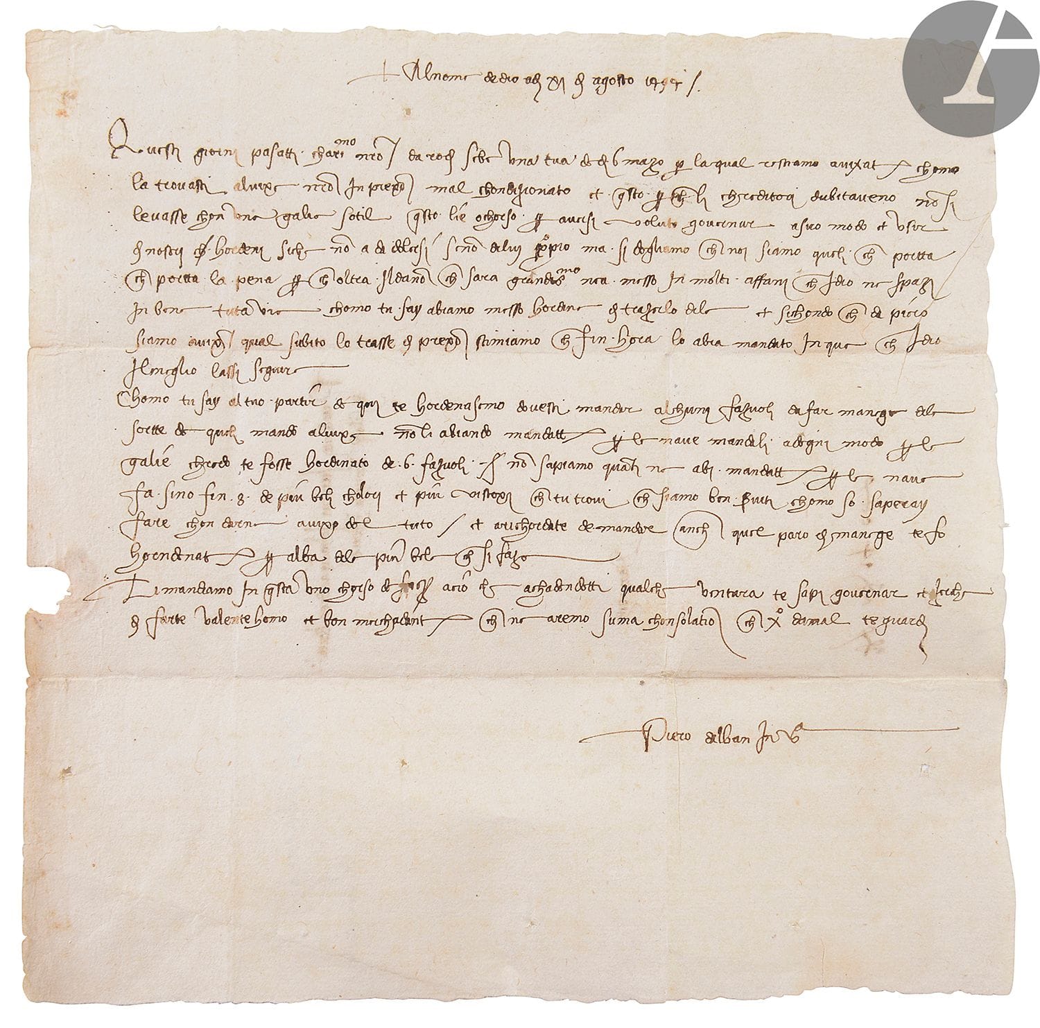 [ITALIE]. [VENISE] - [SYRIE]. [DAMAS]. Lettre-missive de Pietro Alban (marchand vénitien ?) envoyée à Damas (Damascho) à Iohanni Andrea di Bartolomeo di Saladio.
En vénitien (« in zergo »), sur papier
Italie, Venise [signé “Piero Alban in Vinegia”], datée 11 août 1494
Dimensions : 205 x 205 mm.

Exemple des lettre-missives envoyées par les marchands vénitiens échangeant avec leurs confrères établis en Syrie, en Libye ou encore au Liban. Elles ont été étudiées en particulier par Donatella Nebbiai, « Les rapports entre Venise et le Liban : une collection de lettres commerciales inédites du XVe siècle » in : Le livre et le Liban jusqu’à 1900, dir. Camille Aboussouan, Paris, 1982, pp. 98-107. Voir également Ugo Tucci, Lettres d’un marchand vénitien Andrea Berengo (1553-1556), Paris, 1957 [minutes des lettres expédiées d’Alep entre 1555 et 1556 conservées à Venise, Archivio di Stato, liasse12 bis (Miscellanea Gregolin)].

Ces lettres sont rédigées en « zergo », la langue des marchands de Venise : « Il écrit en somme comme il parle, lui marchand, à d’autres marchands : et son langage est celui que l’on parle dans les boutiques et les ruelles de Venise, sur le pont du Rialto, celui que l’on comprend dans tous les pays méditerranéens à l’époque, partout où l’on traite des affaires » (Tucci, 1957). Les lettres sont un témoignage important du réseau commercial qui liait le Moyen-Orient et Venise au XVIe siècle, avec une Sérénissime puissante qui tente de maintenir son contrôle des flux commerciaux en Méditerranée malgré la nouvelle puissance rivale portugaise.