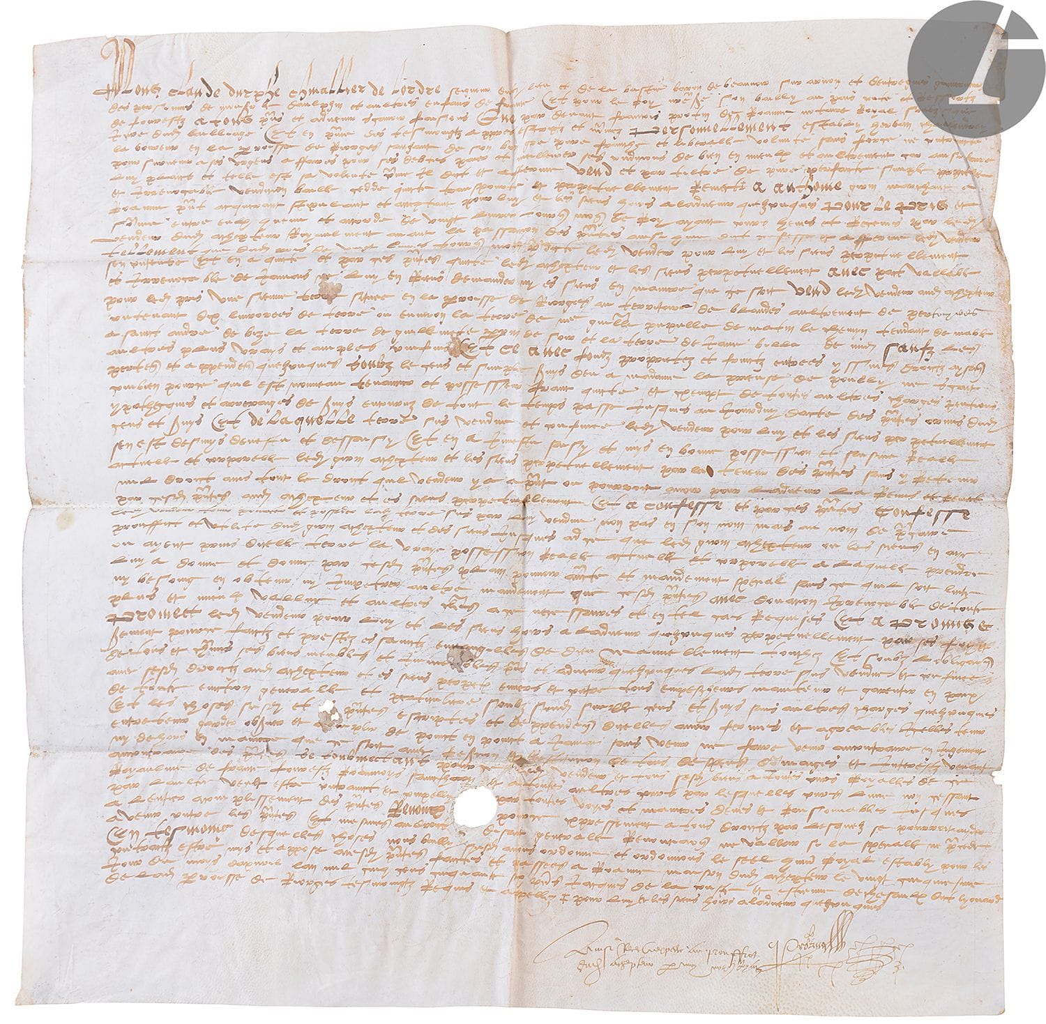[LOIRE]. [ROANNE]. [RIORGES]. [URFÉ (Claude d’)]. Vente au profit d’Antoine Giron marchand à Roanne d’une terre située en la paroisse de Riorges
En français, acte sur parchemin, suscription : « Nous Claude d’Urphé chivallier de l’ordre seigneur dudit lieu et de la Bastie, baron de Beauvoir sur Arnon et d’Entregues, gouverneur des personnes de Monseigneur le Daulphin… »
France, Roanne, 25 avril 1556.
Dimensions : 570 x 570 mm.

