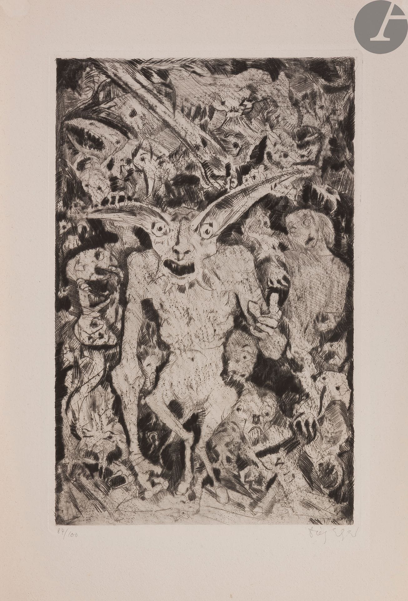 EDZARD (Dietz) - GOGOL (Nikolaï Vasilievitch).
Wij.
Munich : Pflüger, 1924. — In-folio, 405 x 285 : (3 ff.), 32 pp., (1 f.), 6 planches, couverture imprimée. Broché sauf les 6 planches en feuilles, sous portefeuille demi-parchemin blanc à coins et à rabats cartonnés de l’éditeur.

Belle édition de la traduction allemande par Karl Nötzel de ce conte fantastique de Nikolaï Vasilievitch Gogol, illustrée de 6 gravures originales hors texte du peintre allemand Dietz EDZARD (1893-1963).

Tirage à 105 exemplaires sur papier vergé fait à la main. Celui-ci est l’un des 100 numérotés et commercialisés, comprenant toutes les gravures numérotées et signées par l’artiste.

Exemplaire enrichi d’un envoi autographe signé de Dietz Edzard adressé à Jadzia Zak et daté du 6 février 1931.

Rousseurs et salissures au portefeuille.