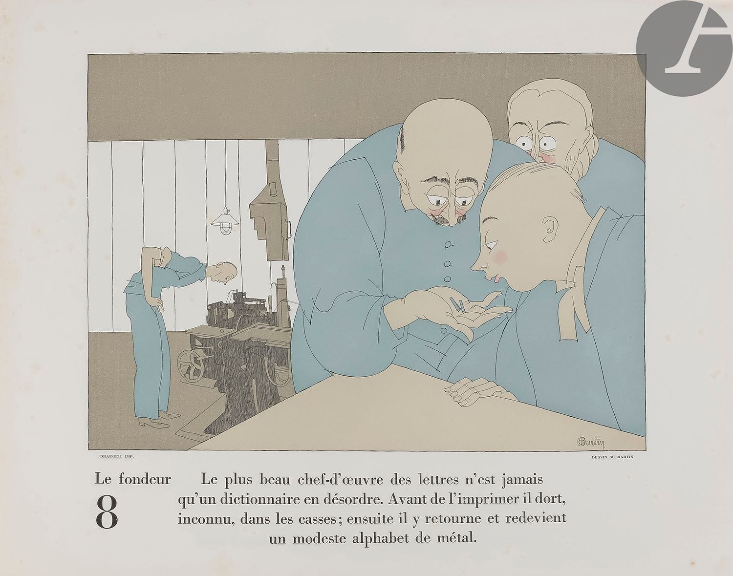 MARTIN (Charles) - COCTEAU (Jean).
Soignez la gloire de votre firme et l’excellence de vos marchandises, car, si vous les jugez bonnes votre intérêt devient l’intérêt général.
Montrouge : Draeger frères, 1924. — In-folio, 382 x 312 : (4 ff. premier blanc), 11 planches, couverture illustrée. En feuilles, sous chemise avec jaquette ornée d’un décor typographique.

Prestigieux catalogue glorifiant les industries des arts graphiques par une collaboration de premier plan alliant l’imprimeur Draeger, l’écrivain Jean Cocteau et l’artiste Charles Martin. Le texte est un trésor de présentation typographique et interpelle les annonceurs pour les encourager à faire éditer des catalogues Draeger. Il est suivi de 11 planches dessinées par Charles MARTIN (1884-1934) dans le plus pur esprit Art Déco. 

« Ce catalogue est la célébration parfaite, jamais égalée, des métiers de l’édition, ainsi que l’un des plus prestigieux albums DRAEGER » (exposition Forney 1988, n° 82).

Quelques taches et piqûres à la jaquette et quelques petites rousseurs éparses sur les planches.