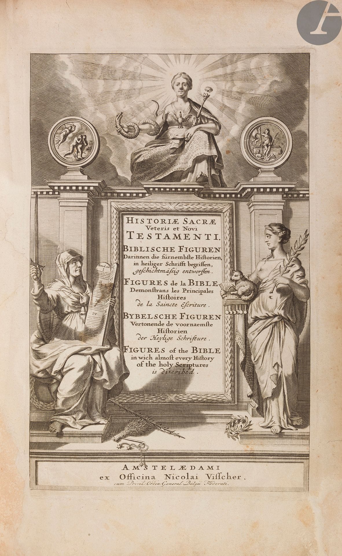 MERIAN (Matthaüs).
Bybel printen, Vertoonende de Voornaemste historien Der heylige schrifture, Konstigh afgebeelt Door Matthæus Merian.
Amsterdam : Nicolas Visscher, s.d. [fin du XVIIe siècle]. — 3 parties en un volume in-folio, 315 x 202 : frontispice, (3 ff.), 62 ff., (1 f.), 111 ff., (1 f.), 85 ff. Vélin rigide, dos lisse (reliure de l’époque).

Édition peu courante de cette publication faisant partie des recueils connus sous la dénomination de Figures de la Bible, dont les premiers parurent au XVIe siècle. Il s’agit de recueils de gravures, dans les premiers temps sur bois puis en taille-douce, figurants les principaux épisodes de toute la Bible ou d’un seul Testament. Chaque figure est généralement accompagnée d’un texte, souvent la partie du texte biblique représenté.

Cette édition, publiée après 1682 et avant 1702, contient la représentation en images de toute la Bible. Elle est divisée en 3 parties, la première contient le Pentateuque, la seconde la suite de l’Ancien Testament et la troisième le Nouveau Testament. L’illustration comprend un frontispice portant un titre en 4 langues, différent de celui figurant sur le titre imprimé, et 260 figures gravées en taille-douce à mi-page, dont 62 dans la première partie, 112 dans la seconde, dont le titre, et 86 dans la dernière dont le titre également.

Ces figures sont la reprise des gravures réalisées dans la première moitié du XVIIe siècle par le dessinateur et graveur allemand Matthaüs Merian (1593-1650) et le dessinateur et graveur néerlandais Pieter Hendricksz Schut (1619-1660?). Chacune couvre la partie supérieure du feuillet, surmontant une explication en vers en allemand, français, anglais et hollandais, ainsi qu’en prose hollandaise.

Fentes aux charnières, restauration au bas du dos. Gardes renouvelées, trois premiers feuillets remontés. Petites déchirures au titre imprimé, restaurations au frontispice. Déchirure sans manque au feuillet 34 de la première partie et au feuillet 82 de la seconde. Quelques rousseurs éparses.

Provenance : Van der Helle, avec ex-libris. - M. Nicolle, historien d’art et conservateur du Musée de Rouen, avec sa signature sur la première garde blanche.
