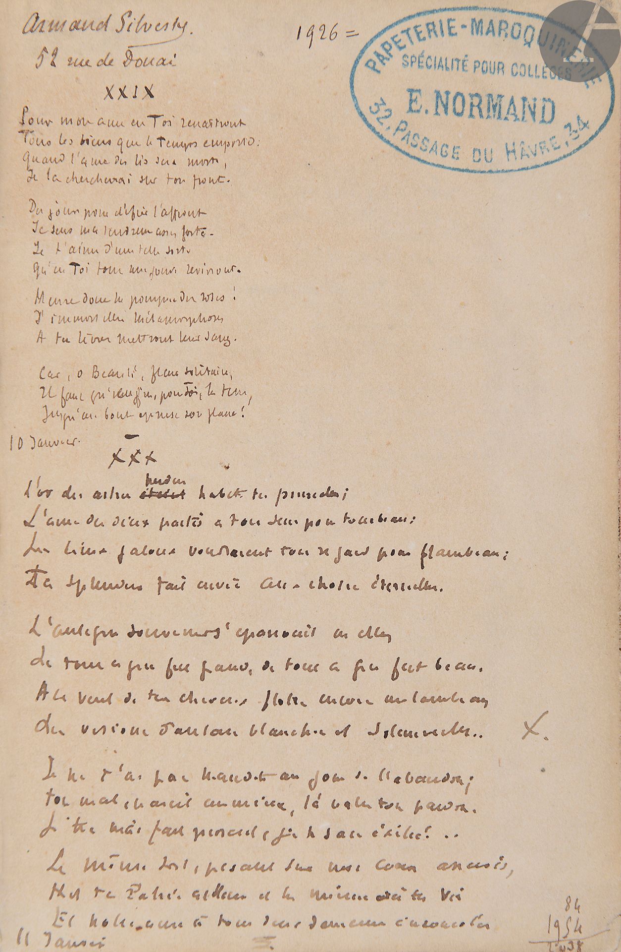 [SILVESTRE (Armand)]. Les Ailes d’or
En français, manuscrit autographe avec corrections.
France, 1878-1880.

70 ff., fine écriture à l’encre brune, nombreuses corrections et nombreux repentirs. Carnet de pleine percaline beige, dos lisse (accidenté), sur le plat supérieur des dessins, les initiales AS [Armand Silvestre] et des armoiries et une devise « Ultima solatio ». Frottements et état d’usage. Dimensions : 148 x 97 mm.

Romancier, poète, librettiste et critique d’art, Armand Silvestre est né en 1837 à Paris et mort en 1901 à Toulouse. À partir de 1866, il publie des recueils de vers. Comme critique d’art et de théâtre, Silvestre collabore activement à des journaux tels que l’Opinion nationale, le Journal officiel, L’Estafette et la Grande Revue de Paris et de Saint-Petersbourg. En 1869, il entre au ministère des finances et devient sous-chef au bureau de la bibliothèque et des archives. Pendant l’affaire Dreyfus, il devient membre de la « Ligue de la patrie française », ligue anti-dreyfusarde. 
Dédicace autographe à Théodore de Banville : « Les Ailes d’or. 1878-1880. A Théodore de Banville. Mon maître et mon ami, Je vous dédie ce livre parce que c’est celui où j’ai mis le plus de moi-même. Je puis donc vous en dire, en vous l’offrant : et serves animæ dimidium meæ. Cette moitié ci de mon âme est faite d’admiration, de tendresse et de reconnaissance pour vous. … » [signé] Armand Silvestre. Paris 1880. 
Pour un échantillon de la main d’Armand Silvestre, voir son « Poème autobiographique » reproduit dans Joseph Uzanne, Figures contemporaines tirées de l’Album Mariani, Ernest Flammarion, Paris, vol. I, 1894, p. 206.
L’ouvrage paru en première édition sous le titre Les Ailes d’or, Poésies nouvelles, 1878-1880, Paris, Charpentier, 1880. Le présent manuscrit offre plusieurs corrections et repentirs, certains poèmes nous apparaissent inédits et ne figurent pas dans le recueil publié. Sylvestre intègre également en fin de volume une pièce de théâtre non publiée : Myzzha (ff. 55-58).
