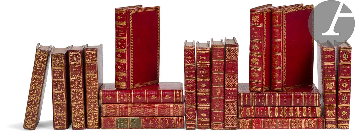 
[ALMANACH].



Almanach des Muses.



Paris, 1776-1826. — 19 volumes in-12.





Ensemble de 19 années de ce célèbre almanach proposant des poésies, des épîtres, ou encore des romances, dont certaines signées par les plus grands auteurs et autrices de l’époque. Il fut créé en 1765 par Sautreau de Marsy qui en dirigea la publication jusqu’en 1793. Lui succèderont Étienne Vigée jusqu’en 1820, Justin Gensoul jusqu’en 1829 et Jean-Pierre Lesguillon jusqu’en 1833. Outre les pièces littéraires, chaque volume contient à la fin une intéressante Notice de tous les ouvrages de poésie parus l’année qui précède celle de l’édition.





La présente collection comprend 19 années publiées entre 1776 et 1826, comprenant des pièces de De Belloy, du chevalier de Cubières, Casimir Delavigne, Marceline Desbordes-Valmore, Dorat, Ducis, Delphine Gay, la comtesse de Genlis, Gresset, Victor Hugo, La Harpe, Lamartine, Marmontel, Marsollier de Vivetières, Mérard de Saint Just, Millevoye, de Piis, Rochon de Chabannes, de Saintine, Saurin, Eugène Scribe, Madame de Staël, Amable Tastu, Tressan, Firmin Didot, Madame Dufresnoy, Laya, Voltaire, etc.



Tous les exemplaires sont en maroquin rouge de l’époque, distincts pour la majorité, très bien conservés dans l’ensemble.



LE DESCRIPTIF COMPLET AVEC LES ÉTATS EST À RETROUVER SUR LE PDF DU CATALOGUE

