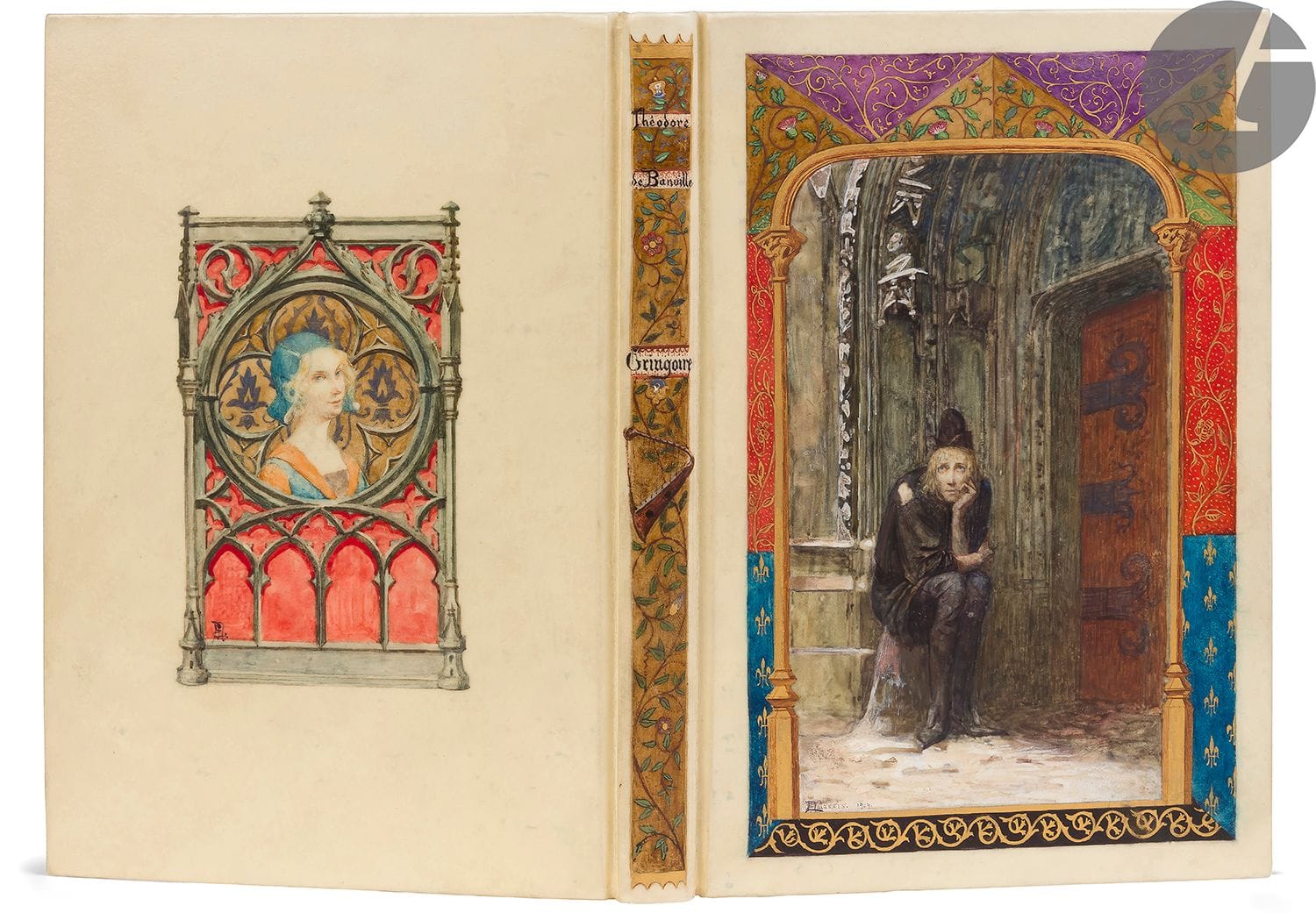 BANVILLE (Theodore de).
Gringoire. Comedy in one act in prose.
Paris : Louis Conard, 1904. - In-8, 206 x 139 : IX, 116 pp, (2 ff.), illustrated cover. Hardback parchment, boards and spine covered with original paintings by Edmond Malassis, signed and dated 1904, smooth spine, untrimmed, cover and spine preserved, flap folder with floral decoration, slipcase (period binding).

One of the first works illustrated by the painter and watercolorist Edmond Malassis, with 32 compositions, including one on the cover and 3 full page, engraved on copperplate in colors by Louis Mortier.

Very fine impression of the Imprimerie Nationale, printed at only 189 copies, 171 of which on different papers numbered and initialled by the publisher and 19 nominative copies not mentioned in the justification, 12 on vellum and 7 on japon.

This is one of the 20 copies on japon, containing a state of one of the compositions with the annotations of M. Malassis and the illustrated cover on vellum and japon.

A superb copy in a binding painted by Malassis. The subjects represented by the artist are unpublished, inspired by but not reproducing those appearing in the book.

A very well preserved copy. Minimal wear to the cover.











