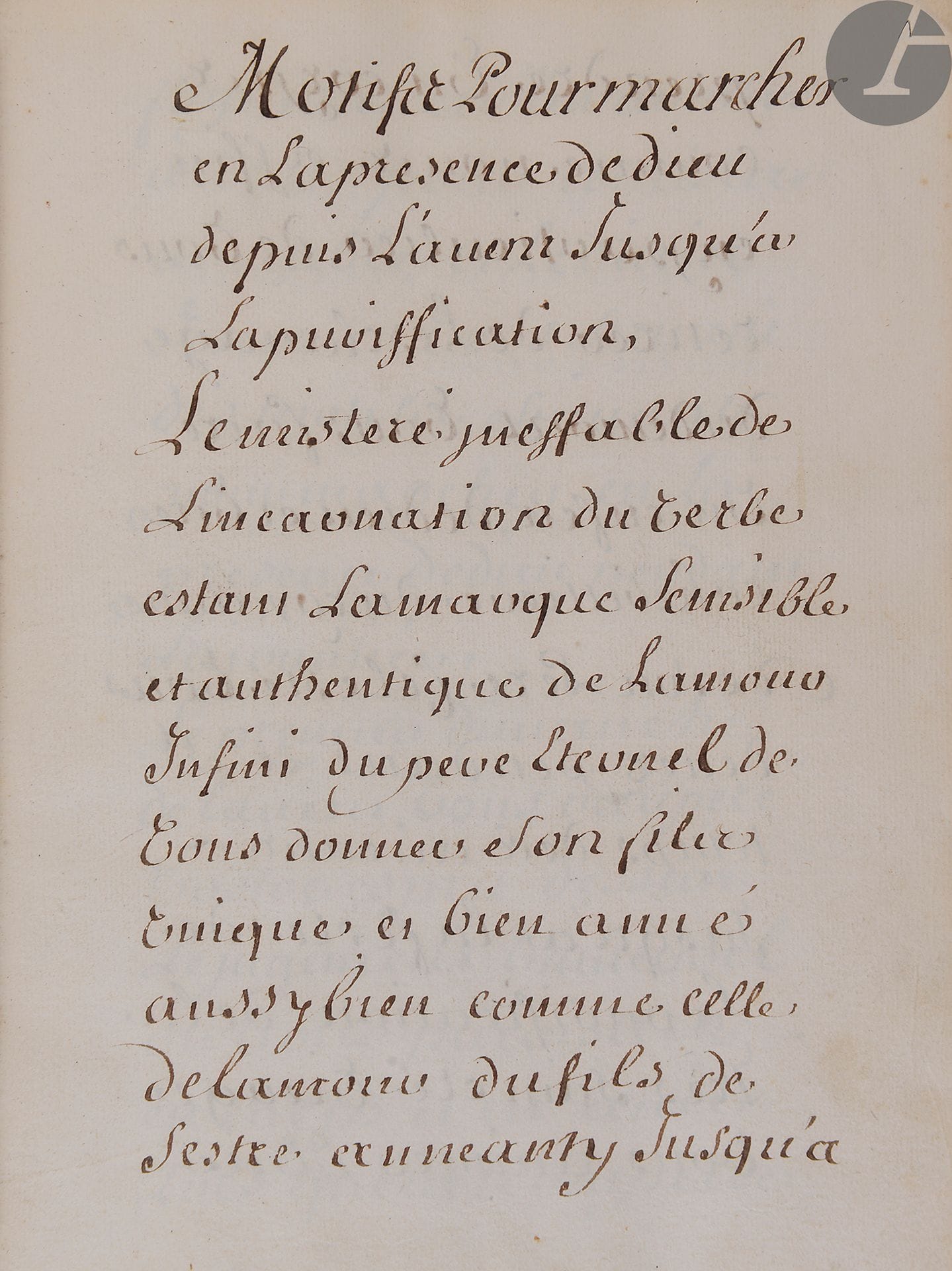 [RELIGION]. Manuscrit spirituel.
En français, manuscrit sur papier.
France, XVIIIe siècle.

[188] ff., écrits d’une large écriture très soignée. Reliure de maroquin noir à 5 nerfs, encadrement de filet à froid sur les plats, coupes ciselées, tranches dorées, restaurations sur le premier plat, coiffe supérieure défectueuse, petit trou de ver au mors supérieur. Ex-libris manuscrit que la garde volante : « Je suis à Guyot, prêtre, de Baugé ».

Manuscrit, écrit par un prêtre à l’usage de ses ouailles, divisé en courts chapitres donnant des méthodes et des conseils pour réussir, quotidiennement et selon les différents temps du calendrier catholique, une vie chrétienne.