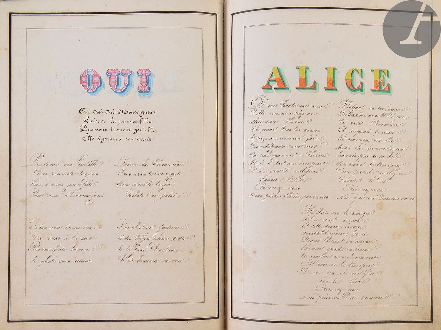 ROUBEAU (G. S.). Chansons.
En français, manuscrit sur papier.
France, vers 1850.

[15] ff., [1] f. blanc, [29] ff., [1] f. blanc, [15] ff., [1] f. blanc, grand in-8. Reliure de maroquin vert à 5 nerfs, pièce de titre en maroquin brun. Dos et une partie du premier plat passé.

Beau recueil de chansons soigneusement calligraphié comportant des titres aquarellés. Il réunit les textes d’airs extraits d’opéras comiques comme Les Huguenots de Meyerbeer, du Domino noir de Scribe et Auber, L’Éclair de Halévy, ainsi que de chansons dont on retrouve certains textes dans La Clé du Caveau : à l’usage des chansonniers français (« Adieu Paris, sans regrets je te suite… » ou dans les Chansons nationales et populaires de France (« La Poitrinaire » dont le véritable titre est « Lucy ou la chute des feuilles » d’Emile Barateau mis en musique par Plantade »). Nombre de ces chansons sont maintenant oubliées.

En tête du volume un dictionnaire des plantes donnant les propriétés de chacune : « Adonis : amour extrême », « citronnier : désir d’une correspondance » ou « Hortensia : beauté froide, femme courageuse »…
À la fin deux nouvelles : « Impressions de voyage d’un Singe à la Recherche du bonheur ou de toute autre chose de ce genre » (C’est l’histoire d’un singe qui s’enfuit du Jardin des Plantes où il est né et va vivre mille aventures avant de s’en retourner là d’où il s’était enfui) – « L’amitié ». Elles semblent inédites.