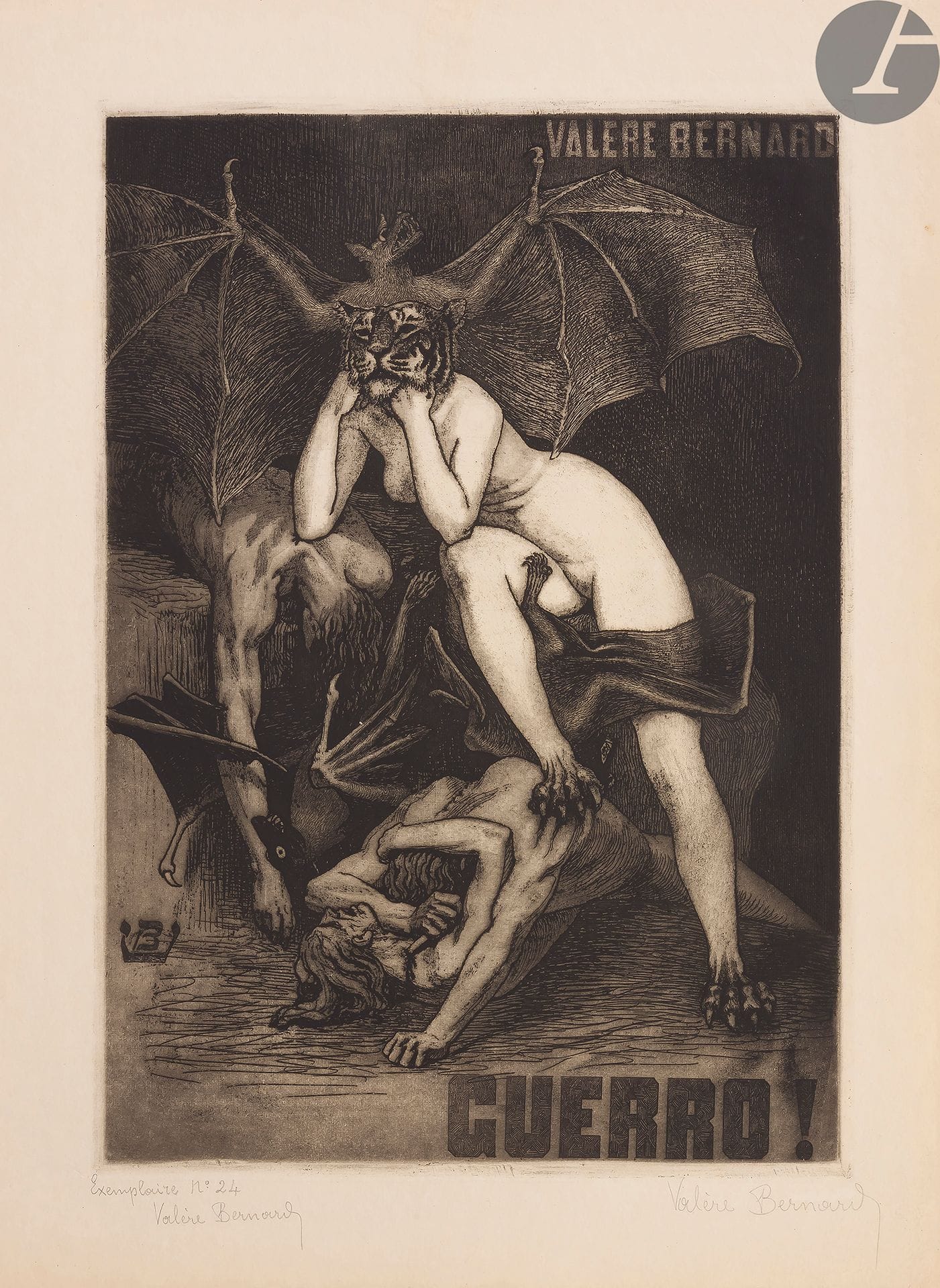 BERNARD (Valère).
Guerro.
[Marseille], 1893-1895. — Album in-folio, 440 x 340 : (1 f.), 14 planches. En feuilles, sous chemise cartonnée illustrée de l’éditeur.

Superbe et rare album dédié à Paul Gonzales, se composant d’un feuillet de texte comprenant le poème Guerre en français formé de 11 strophes, suivi de 14 planches gravées à l’eau-forte, vernis mou et au soufre par le peintre et graveur Valère Bernard (1860-1936), soit un titre, repris sur la chemise cartonnée, un frontispice, 11 planches illustrant chacune des strophes, et un cul-de-lampe. Le texte gravé sur les planches, reprenant les 11 strophes du poème, est écrit en provençal.

Guerro « prend souvent modèle sur l’Apocalypse […] Cette œuvre, qui paraîtra à certains d’une violence insoutenable, parfois même caricaturale, lui valut les honneurs de la grande presse, lui ouvrit les salons mondains et les galeries d’art, lui acquit l’estime convoitée de Rops, de Huysmans et de Roger Marx. […] Pour cette série de planches si fortement originales, Valère Bernard s’est abreuvé, pensons-nous, aux Désastres de la Guerre de Goya (réédités en 1863) Les techniques sont comparables : eau-forte et aquatinte chez Goya ; eau-forte, vernis mou, soufre et parfois aquatinte chez Valère. » (Jean-Roger Soubiran, Valère Bernard « Symboliste » (1860-1936), Musée des Beaux-Arts de Marseille, 1981).

Cette suite ne fut tirée qu’à 100 exemplaires, tous semble-t-il sur papier japon. Chaque gravure est signée à la mine de plomb par l’artiste et la première comprend en plus la justification du tirage de la main de Bernard, accompagnée également de sa signature. Le présent exemplaire porte le numéro 24.
Les exemplaires complets sont aujourd’hui devenus très rares.

Salissures et usures à la chemise, manque les liens.