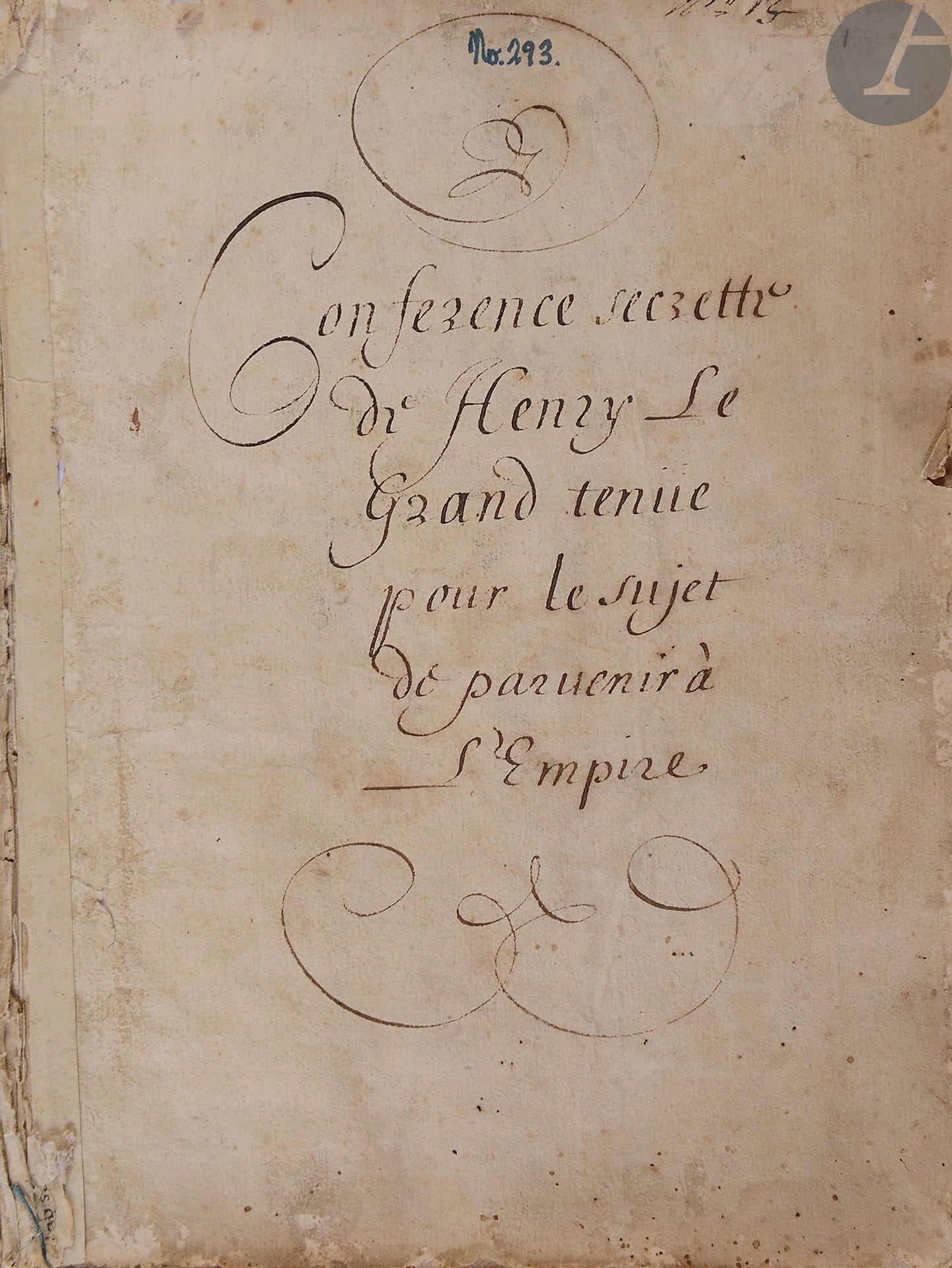 [DIPLOMATIE]. [HENRI IV]. [LOUIS XIII]. Conference secrette de Henry le Grand tenue pour le sujet de parvenir à l’Empire ; Traicté de ligue projettée Entre sa Saincteté, le Roy, Mr de Savoye, Venise & Mantoue ; [GODEFROY Théodore]. Le droict du Roy au Royaulme de Navarre, contre les pretentions des Espagnols (1629) ; Lettre de Monseigneur le Prince à Monsieur de Rohan (Nov. 4 1628) ; Réponse de Monseigneur le Duc de Rohan à Monseigneur le Prince (Nov. 6 1628).
En français, manuscrit sur papier.
France, XVIIe siècle.
61 ff. + 7 ff. + 83 pp. + 6 ff. Reliure de vélin souple (rel. de l’époque). Dimensions : 215 x 170 mm.

Recueil de quatre textes historiques rédigés pendant les règnes de Henri IV et de Louis XIII relatifs à la politique extérieure du Royaume de France au XVIIe siècle et relatif à la fin des guerres de religion. 

Provenance : Henri-Antoine Auguste Fauvel, abbé de Notre-Dame de Clairfay (vignette armoriée). – Liechtensteinhaus. – William Salloch, libraire (New York).
