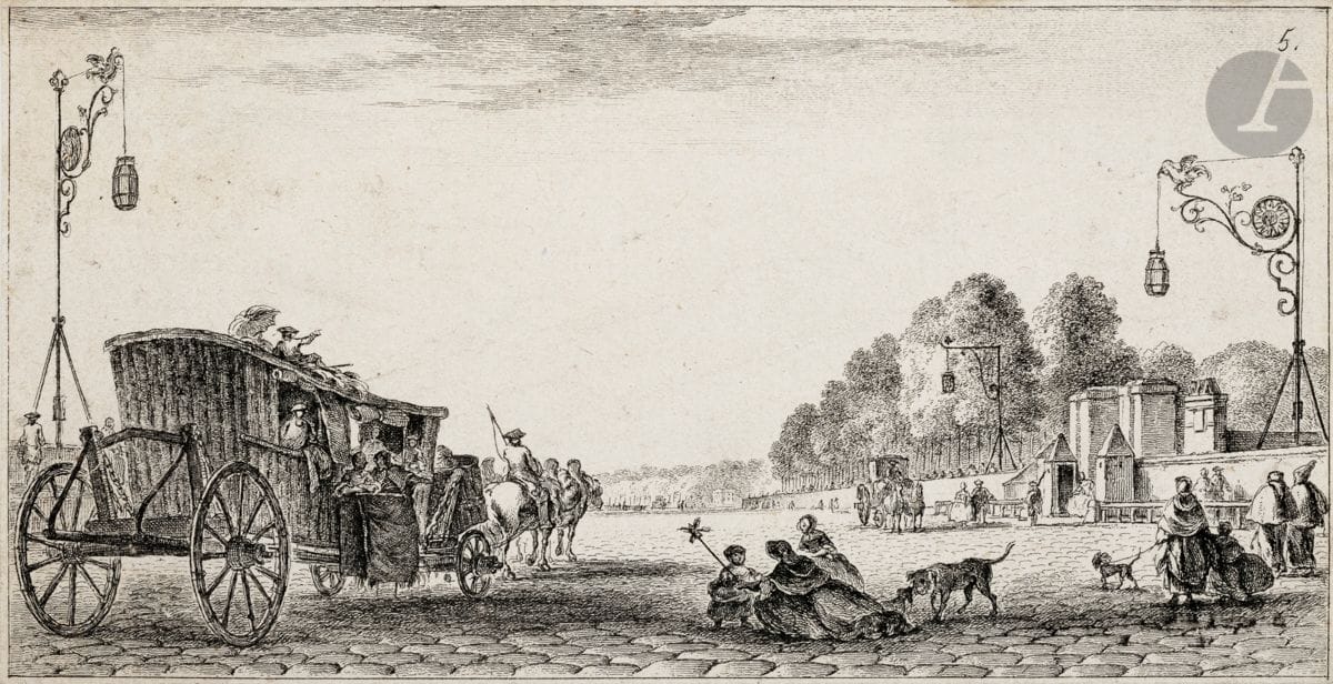 Jeanne Françoise Ozanne (1735-1795)
Pl. 5 d’une suite de 6 vues de Paris. Eau-forte. 155 x 80. Le Blanc 8. Belle épreuve rognée à l’extérieur du filet d’encadrement. Léger pli oblique dans le ciel à gauche. Très rare.