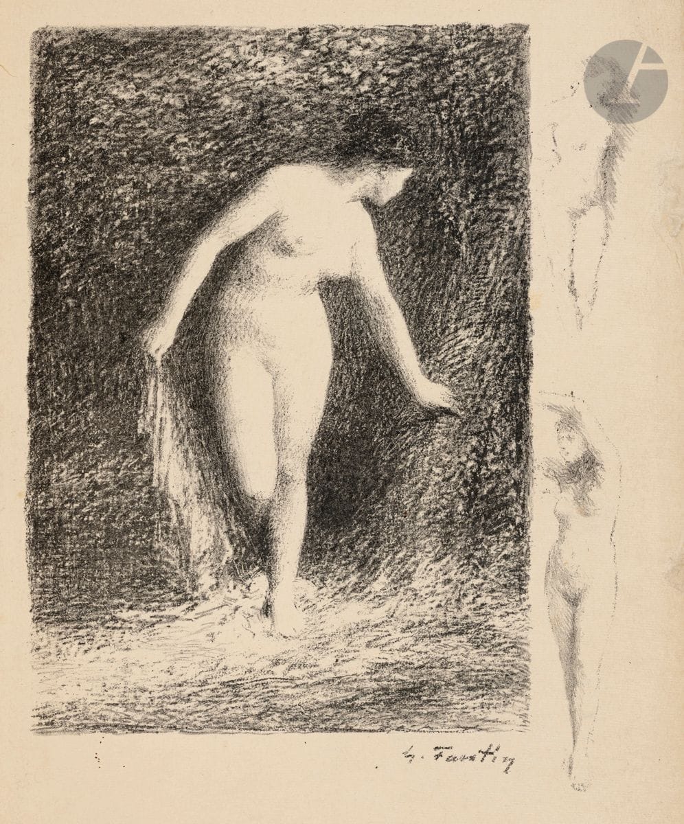 Henri Fantin-Latour (1836-1904)
Diane. 1903. Lithographie. 170 x 215. Hédiard-Mason 172. Très belle épreuve sur japon. Quelques infimes taches aux bords du feuillet. Toutes marges non ébarbées.