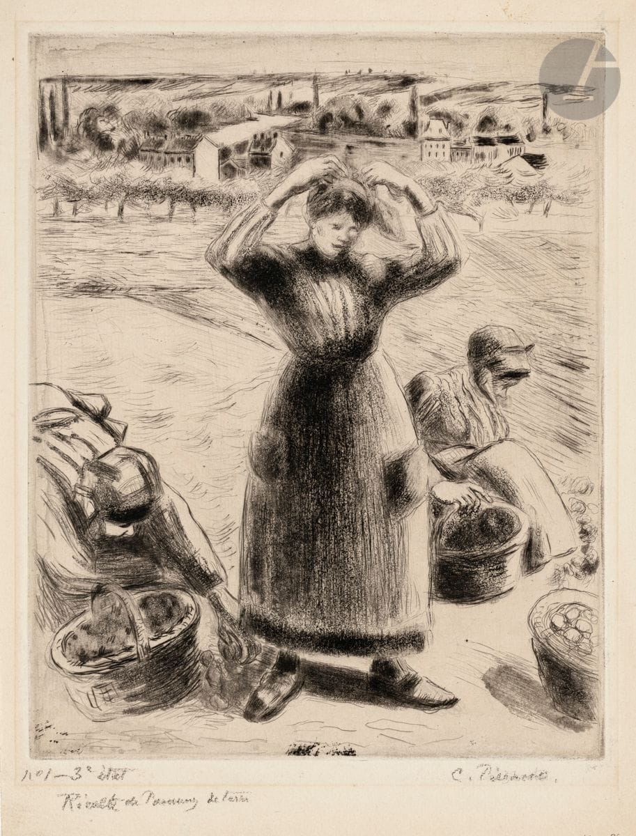 Camille Pissarro (1830-1903)
Récolte de pommes de terre. 1886. Pointe sèche et aquatinte. 219 x 277. Delteil-Cailac 63. Très belle et fraîche épreuve sur vergé fort ivoire, du 3e état (sur 7), avant les nouvelles tailles, notamment dans le ciel, annotée au crayon « N° 1 – 3e état », signée puis annotée « Récolte de pommes de terre ». Fine bande d’oxydation autour du sujet. Oxydation générale du feuillet (avec petites traces blanches en tête au verso). Toutes marges. Rare. Tirage de l’état définitif à une douzaine d’épreuves. Ex-coll. K. Sponagel-Hirzel (Lugt 2929a).