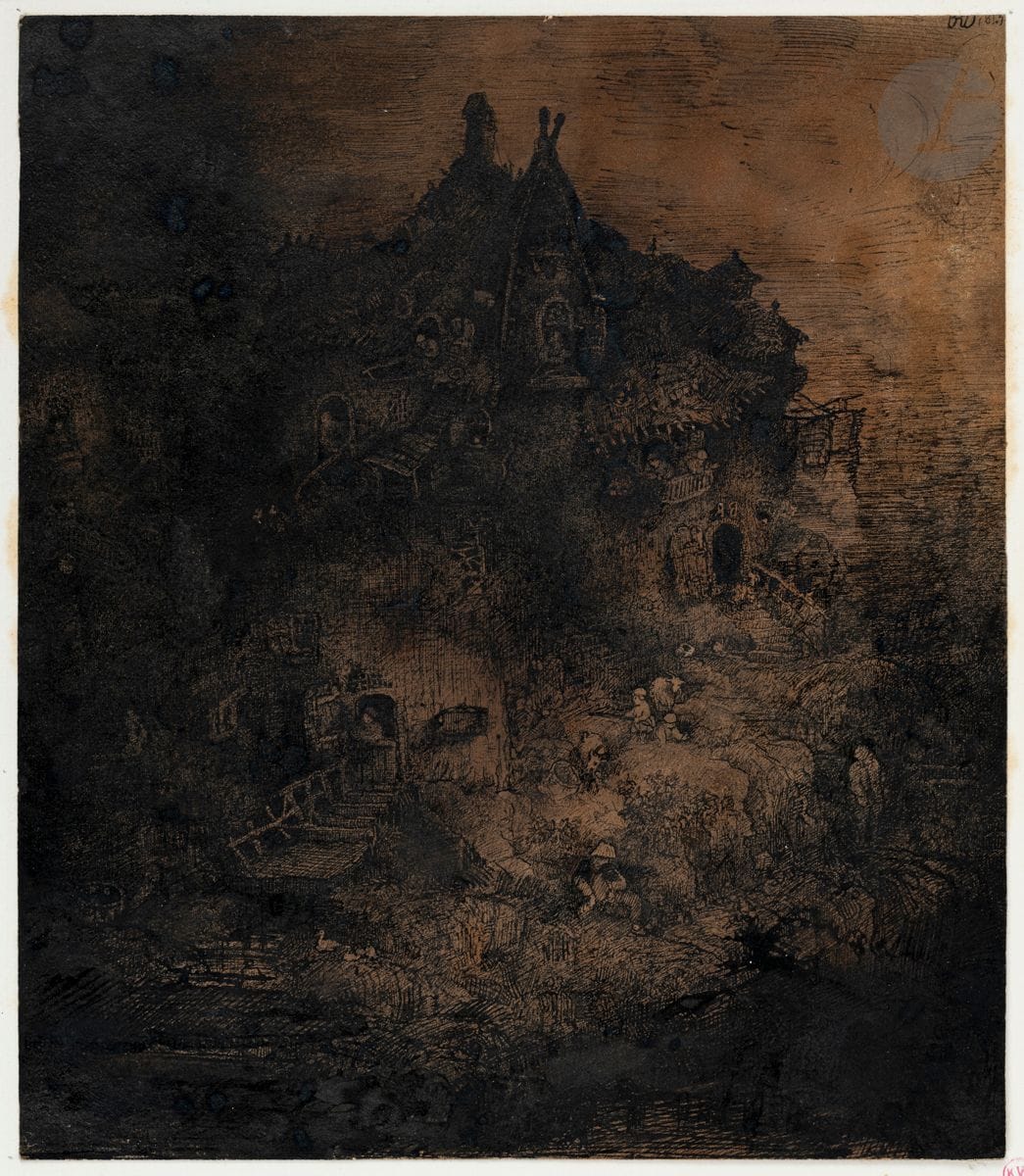 Rodolphe Bresdin (1822-1885)
Paysage à la masure fantastique. 1843. Dessin à la plume et à l’encre de Chine sur bristol [155 x 179] teinté d’un lavis brun uniforme, collé par les angles supérieurs sur support de vélin [248 x 380]. Signé du monogramme et daté « 1843 » dans l’angle supérieur droit (ces inscriptions très légèrement entamées). Timbre de la collection C. de Woznicki (Lugt 1652a) sur le support.