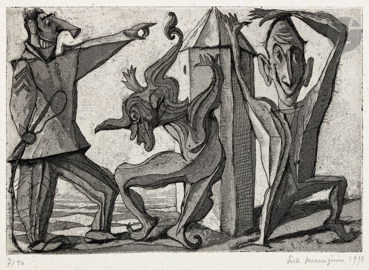 Érik Desmazières (né en 1948)
 « Eh bien, dansez maintenant… ! » 1993. Eau-forte et aquatinte. 147 x 100. Fitch 144. Parfaite épreuve sur vergé ancien mince, numérotée, signée et datée au crayon. Toutes marges. Tirage à 50 épreuves. 
 Planche accompagnant les exemplaires de tête du catalogue d’Arsène Bonafous-Murat, Érik Desmazières, Dessins 1972-1996.