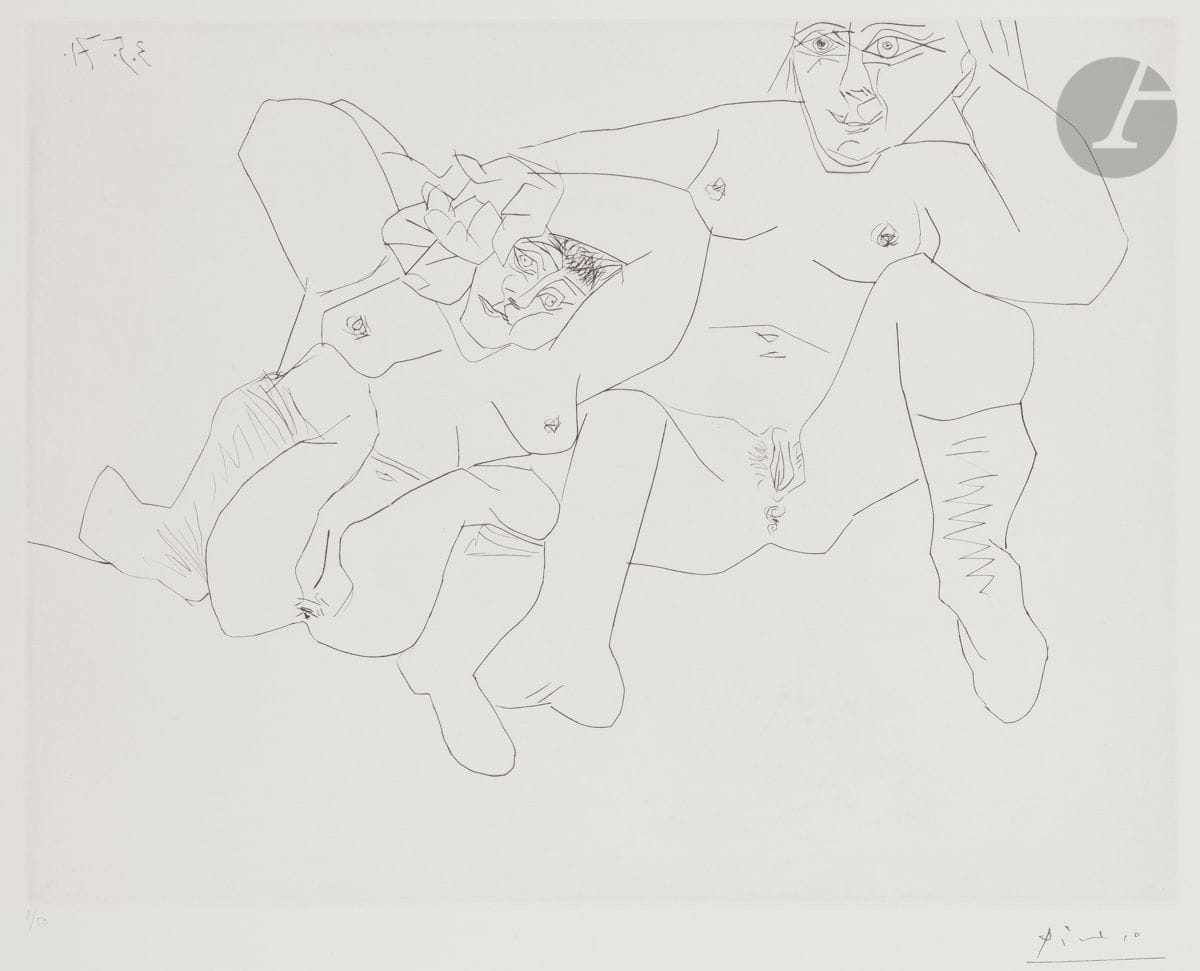Pablo Picasso (1881-1973)
Suite « Les 156 »
Deux femmes en chaussettes. (Les 156, pl. 118). 3 mai 1971. Pointe sèche. 493 x 365. Bloch 1973 ; Baer 1982 B a. Parfaite épreuve sur vélin blanc, numérotée au crayon et timbrée (Lugt 2026e). Toutes marges non ébarbées. Tirage à 50 épreuves. Éd. de la galerie Louise Leiris (1978).