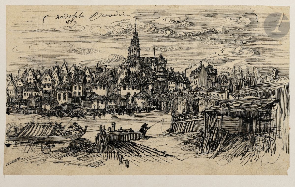 Rodolphe Bresdin (1822-1885)
La Ville au pont de pierre. 1865. Dessin à la plume et à l’encre de Chine sur calque [172 x 102] collé sur vélin [253 x 182]. Signé et daté dans le ciel en haut à gauche. Petites giclures rousses au verso du support et restes d’onglets de montage dans les angles au verso.
 Dessin préparatoire à l’eau-forte éponyme datée de 1865 (Van Gelder 117), rarissime, connue à seulement 3 épreuves dans son état définitif. Ce dessin est mentionné par Van Gelder : « Bresdin a certainement travaillé à partir d’un petit dessin […] aujourd’hui disparu et représentant le pont de pierre. » L’artiste paraît avoir transfiguré l’endroit où il habitait alors : « Le Bordeaux de l’époque, où un pont de chemin de fer venait de flanquer le pont à 17 arches de Deschamp… » (Dirk van Gelder, Rodolphe Bresdin, catalogue raisonné de l’œuvre gravé, vol. II, Paris, éditions du Chêne, 1976, p. 90).
« Son séjour bordelais, au milieu des années 1860, fut l’occasion d’un nouveau groupe important de dessins achevés. Il poursuivit son exploration des paysages, des armées immenses et des batailles ainsi que des scènes de village, généralement dans des dessins à la plume et à l’encre sur des bristols de formats relativement petits. C’est aussi à cette époque qu’Odilon Redon chercha auprès de lui un maître au point que ses œuvres portent la trace d’une influence profonde, allant même jusqu’à l’appropriation. » (David B. Becker, « Bresdin dessinateur », in M. Préaud, Rodolphe Bresdin 1822-1885, Robinson graveur, catalogue d’exposition, Paris, Bibliothèque nationale de France, 2000, p. 28).