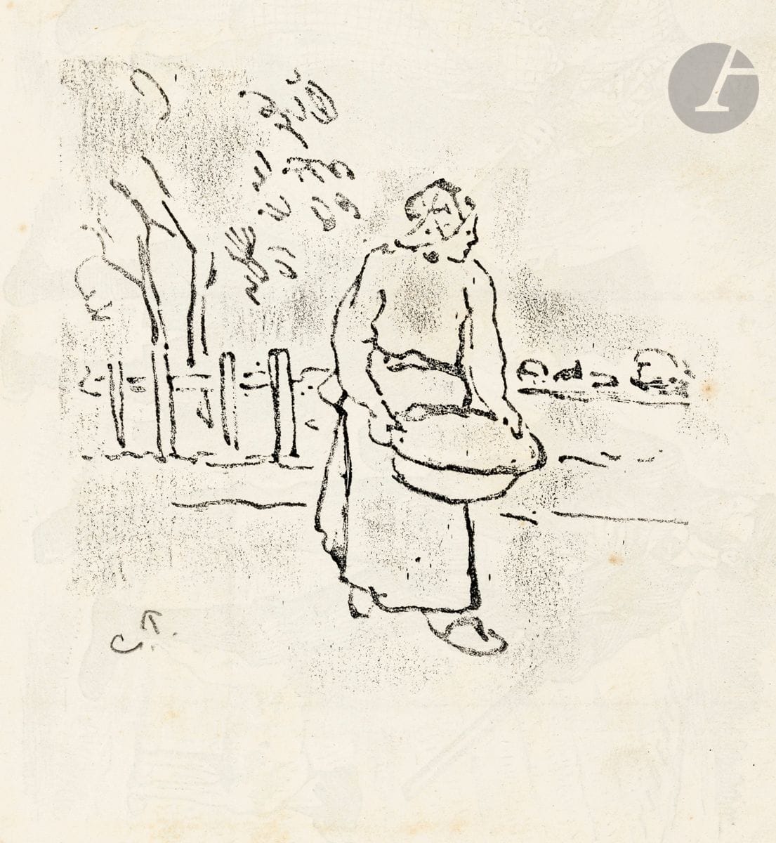 Camille Pissarro (1830-1903)
Paysanne portant une corbeille. Vers 1900. Eau-forte typographique sur zinc. 125 x 115 [222 x 287]. Delteil non décrit ; Cailac (édition révisée de Delteil, Alan Wofsy Fine Arts, 1999) 196. Intéressante et rarissime épreuve d’essai tirée au verso d’une page de Punch datée de septembre 1885, portant une caricature imprimée. Monogramme « C. P. » au crayon dans le sujet en bas à gauche. Rousseurs claires et traces de plis. Traces d’anciens morceaux d’adhésifs oxydées dans les angles en tête au verso (transparaissant au recto). Petites annotations au crayon en pied. Toutes marges. 
 Ce sujet était demeuré inconnu à Delteil. Cailac le décrit sans le reproduire. Il cite « deux épreuves curieuses de gravures sur métal en relief » (ce sujet et un autre, intitulé Paysanne sous un arbre, Cailac 195) qui figuraient à la vente de l’atelier de Pissarro, dirigée par J. Cailac. La technique fut mise au point par Lucien Pissarro, en collaboration avec son père : plus familier de la gravure sur bois, le fils chercha une manière d’imprimer l’eau-forte sous presse typographique, le dessin étant alors en relief sur la plaque, et le métal creusé. « Le dessin au vernis fut fait par Camille mais [la plaque] fut mordue par Lucien qui aurait préparé son père à cette méthode. Sur le vernis, on mettait un grain de résine qui le renforçait, mais rendait aussi le dessin plus grossier […] Il est possible que ces recherches datent des vacances que Lucien passa à Éragny en juillet-août 1895, et au cours desquelles les projets de travail en commun pour les Travaux des champs prirent corps… » (Catalogue de l’exposition à la Bibliothèque nationale, 1974, cité par J. Cailac.)