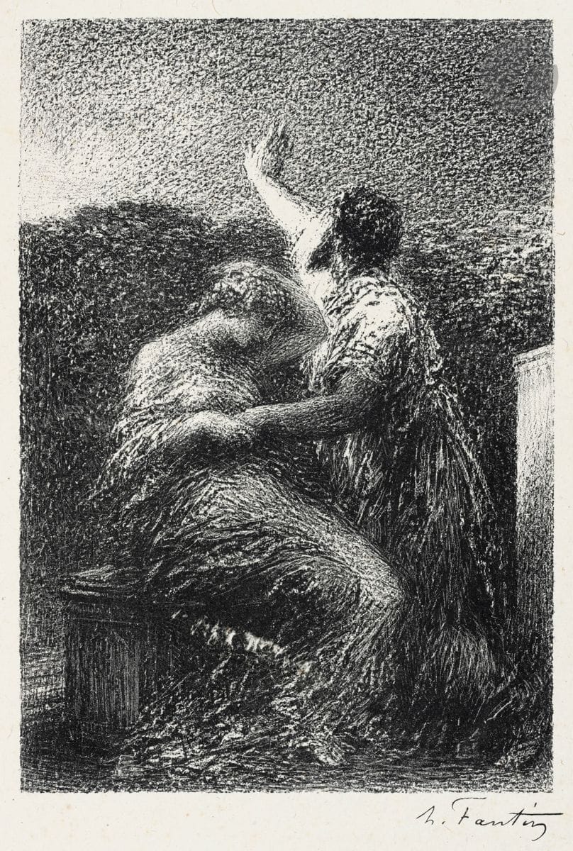 Henri Fantin-Latour (1836-1904)
Le Mage Balthazar et Fatime. 1891. (Illustration pour L’Enfant Jésus, mystère en 5 tableaux de Ch. Grandmougin, 1892). Lithographie. 145 x 210. Hédiard-Mason 97. Très belle épreuve sur chine volant, avec le seul nom de Fantin. Toutes marges.