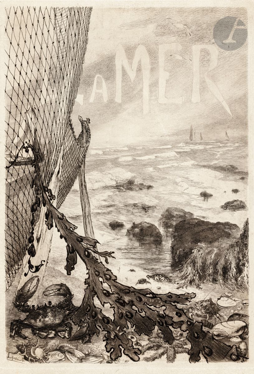 Félix Bracquemond (1833-1914)
Couverture pour l’album « La Mer ». 1885-1889. Eau-forte et aquatinte. 270 x 387. Beraldi 780 ; I.F.F. 408. Bonne épreuve sur vergé, lavée, avec traces grisâtres persistantes. Courtes déchirures aux bords du feuillet. Toutes marges.
