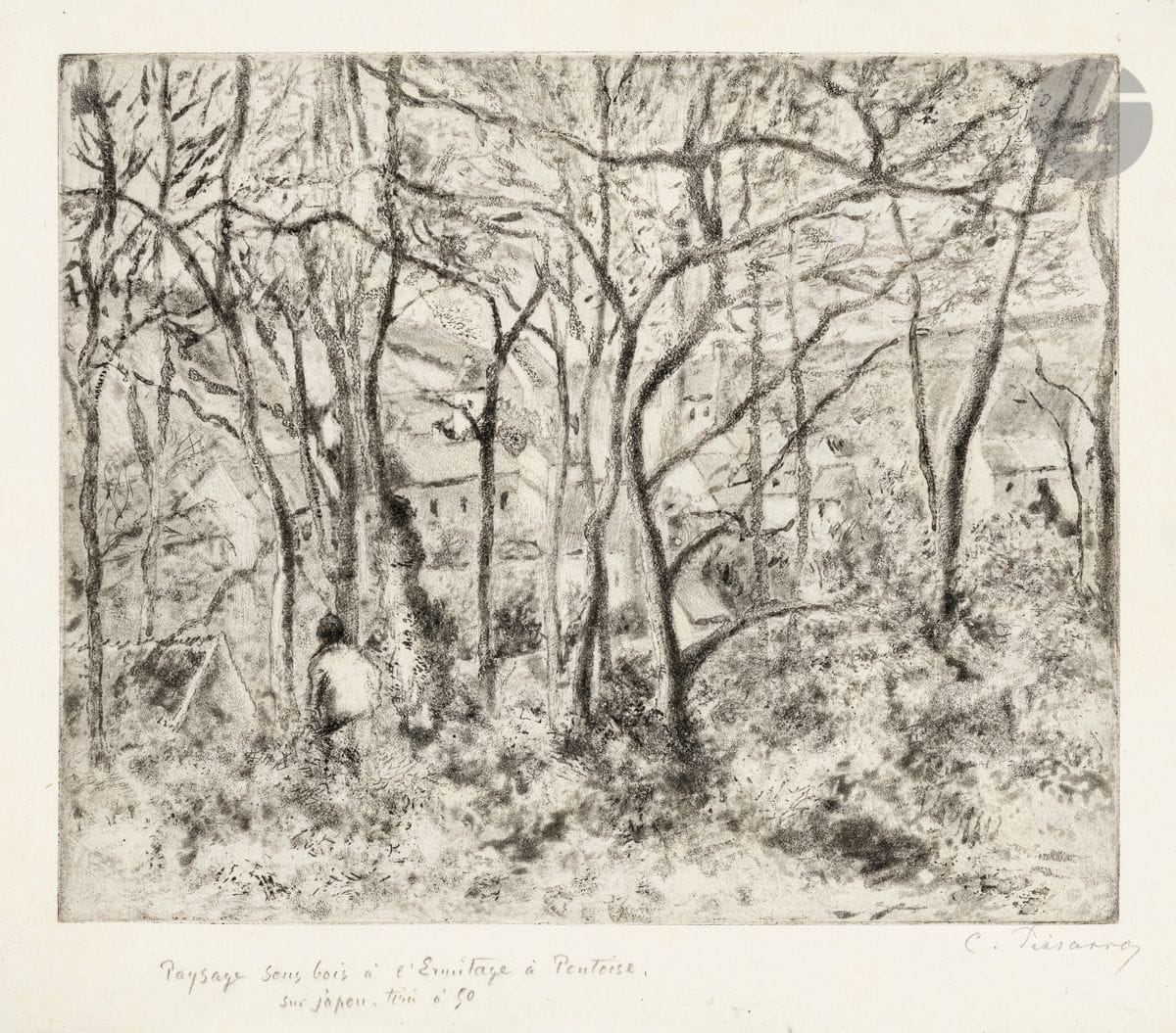 Camille Pissarro (1830-1903)
Paysage sous bois, à l’Ermitage (Pontoise). 179. Eau-forte et aquatinte. 268 x 220. Delteil-Cailac 16. Très belle et fraîche épreuve sur japon vergé mince, annotée au crayon « Paysage sous bois à l’Ermitage à Pontoise / sur japon, tirée à 50 » puis signée. Toutes marges. 
« Cette planche, l’une des plus belles gravées par Camille Pissarro, était destinée à une publication d’art : Le Jour et la Nuit, publication à laquelle devaient également collaborer Degas, Bracquemond, Mary Cassatt, J.-F. Raffaëlli, etc. : un seul numéro fut exposé à l’Exposition des Impressionnistes, rue des Pyramides, en 1880. Mais devant l’insuccès de la vente, le projet fut abandonné. » (Cailac, p. 27).