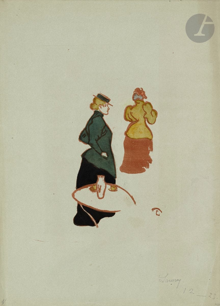 Fabien Launay (Fabien Vieillard, dit) (1877-1904)
Deux femmes au guéridon. Vers 1900. Bois gravé. 150 x 235. Impression en couleurs. Très belle et rare épreuve sur vélin teinté bleu-gris, signée et numérotée au crayon. Infimes traces de plis et légère oxydation aux bords du feuillet. Toutes marges [360 x 500].